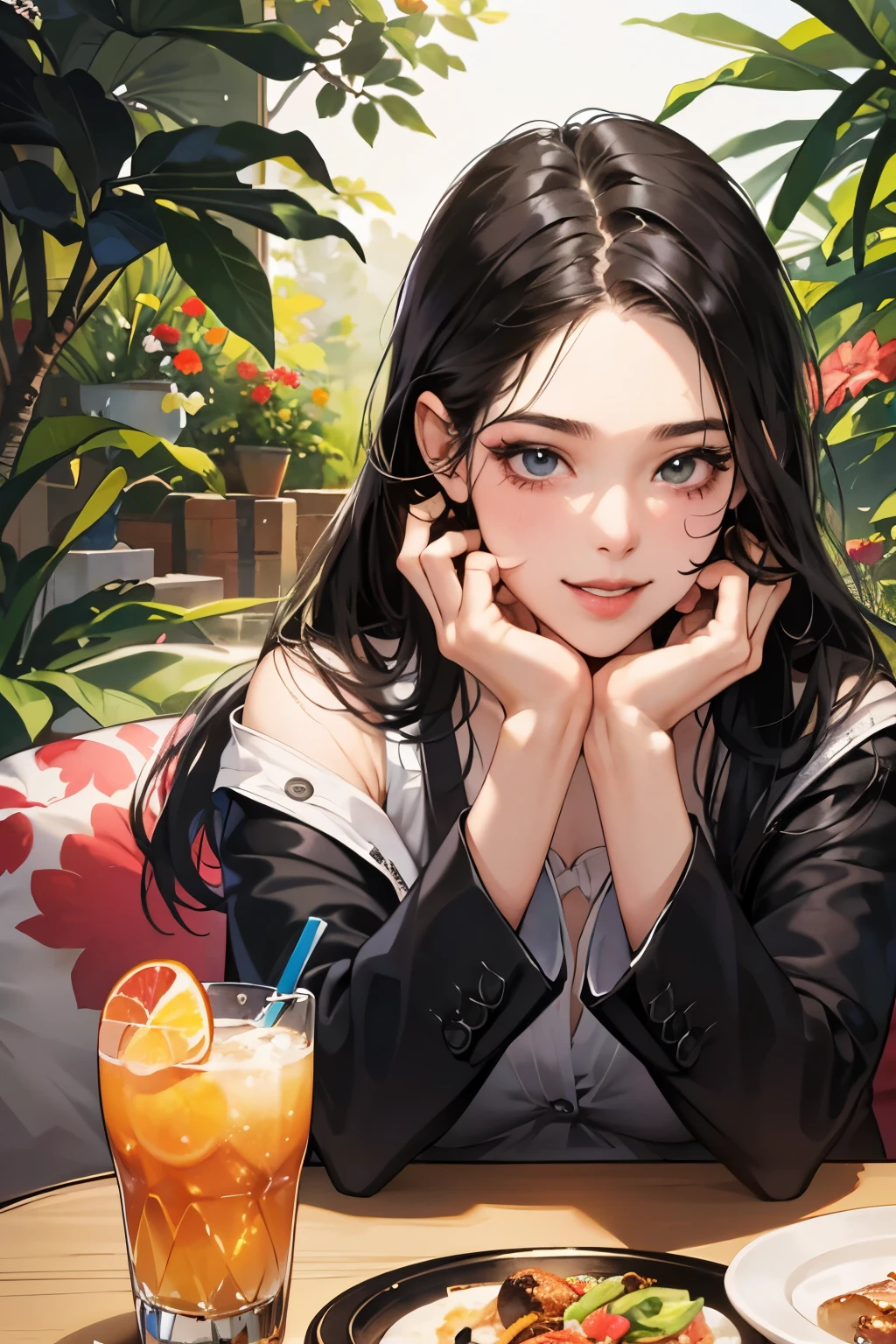 (table top, digital art, digital illustration, 4k, 8k, super detailed, beautiful images, clear image, realistic, RAW photo, perfect face, perfect lines, perfect eyes, soft lighting) ,1 female, (long black hair,straight hair,bullish look,beautiful woman,grace,Make up well,23 years old,:1.3),Two handsome men in suits, (human,muscular,solid shoulder width, mens,boyish hairstyle,british gentleman&#39;s style,A man in his 30s with a cool expression,28 year old man with a bright smile:1.2),Show your white teeth and smile(embarrassing,shy smile:1.1),garden full of light、squirt、resort sofa、colorful flowers、innocent smile,smile、couple kissing、kiss、the kiss、romance、dinner、drink alcohol、drunk、blushing、
