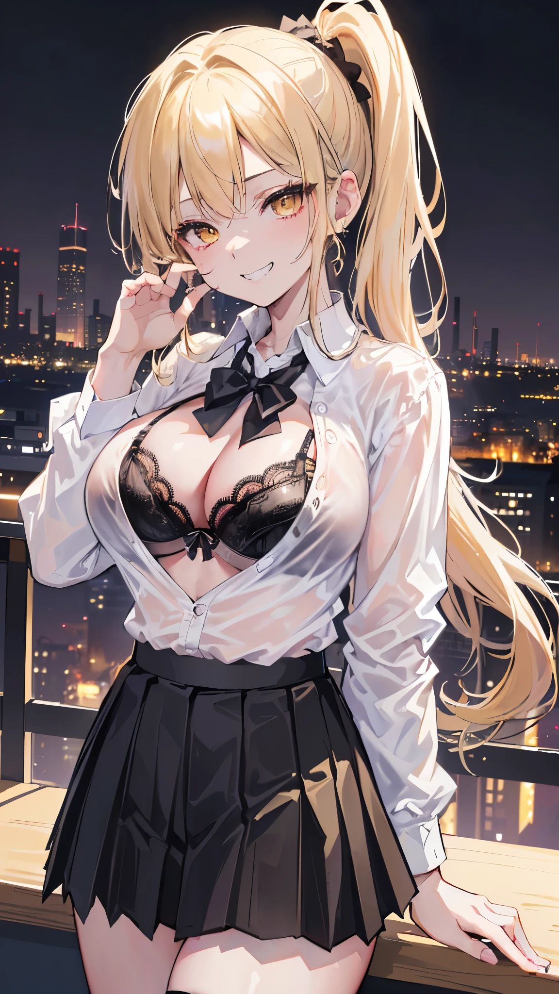 (8K、Highest image quality、highest quality、masterpiece)、detailed face、1 girl、gyaru、blonde、side ponytail、yellow eyes、evil smile、((grin))、((very big breasts、((white collared shirt))、((open clothes))、((black lace bra))、((black pleated skirt))、cowboy shot、night downtown background