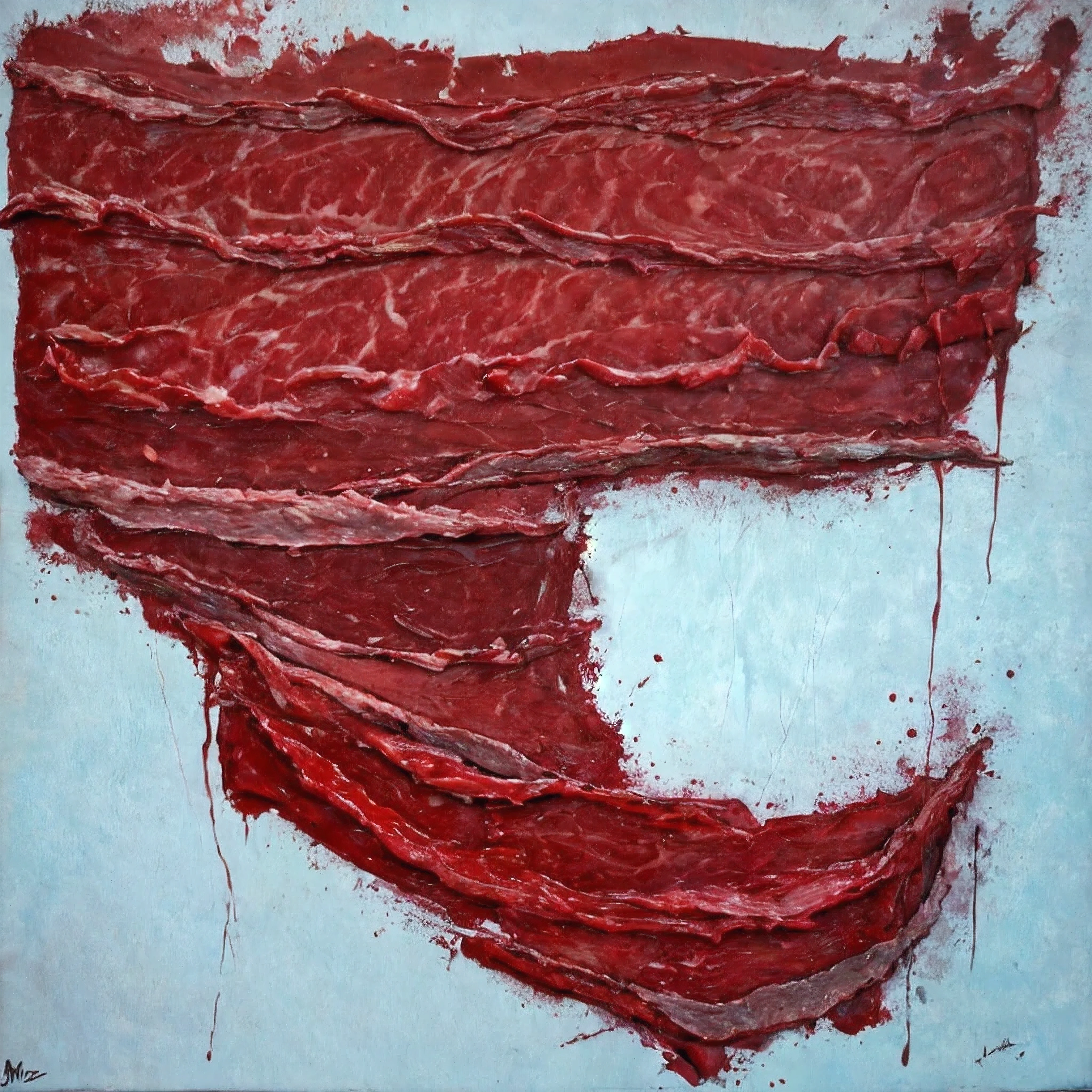 abstract painting by handpainting, red, texture is meat, i am butcher , its draw butcher , blood in frame ,darkness