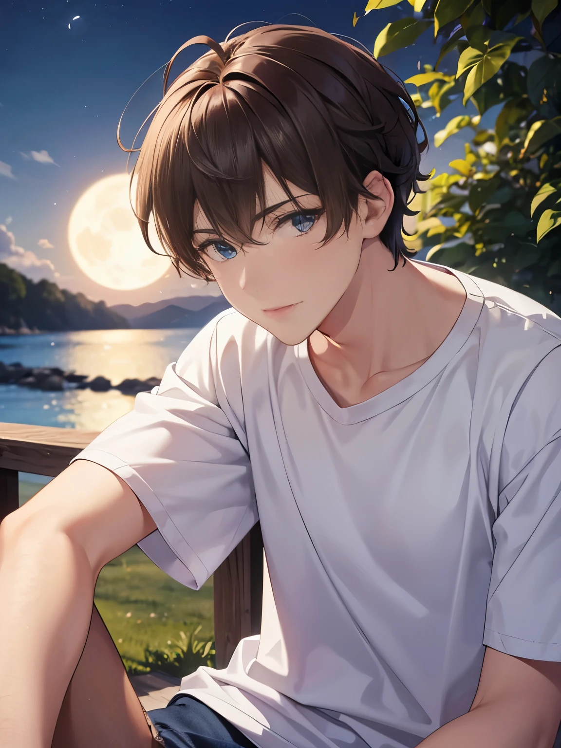 1boy,guy,Sitting under a tree, blue eyes,close up photo,18 years old,Curly hair,medium hair,undercut hairstyle,light brown hair,Plain t-shirt, white t-shirt,white trousers,at Night, beautiful moon,ultra detail,masterpiece