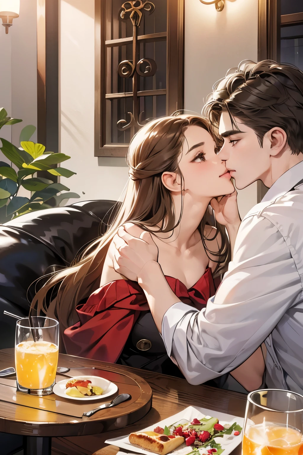 (table top, digital illustration, 4k, 8k, Super detailed, beautiful images, clear image, perfect face, perfect lines, perfect eyes, soft lighting) 1 female, (light brown hair,chignon hair,innocent look,droopy eyebrows,droopy eyes、With a round face,round chin、innocence,cute,Big eyes,natural makeup,smile gently,E cup,23 years old:1.3),Two handsome men in suits, (human,man in suit,muscular,solid shoulder width, boyish hairstyle,A man in his 30s with a cool expression,28 year old man with a bright smile:1.2),garden full of light、lots of flowers、Squirting、colorful flower light,(embarrassing,shy smile:1.2),resort sofa,kiss、カップルkiss、romance porn、couple of man and woman looking at each other、dinner、drink alcohol、drunk、blushing、