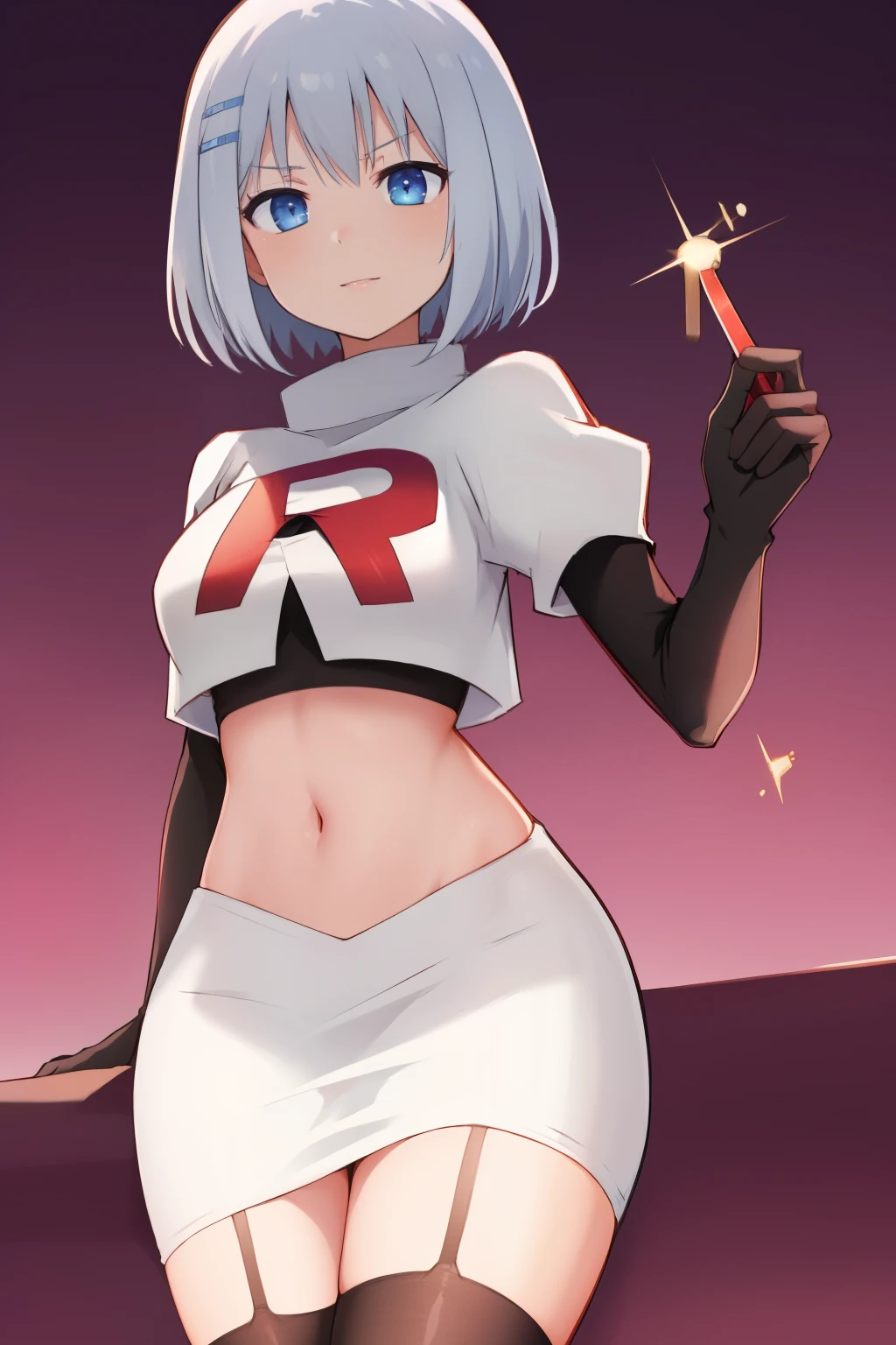 schl1, simple background, team rocket,team rocket uniform,white skirt,red letter R,crop top,black thigh-highs,black elbow gloves