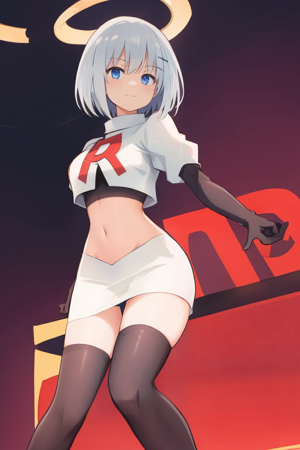 schl1,  simple background, team rocket,team rocket uniform,white skirt,red letter R,crop top,black thigh-highs,black elbow gloves