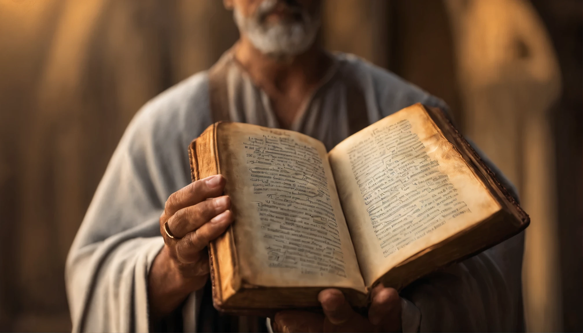 (biblical times) Velho do tempo de Jesus Cristo，holding a bible in the hand from which revelations come, profundidade de campos, bokeh, Realismo de Hentail, fotorrealista, realismo ultrarrealista, Fotografado profissional, 8k hd , SLR digital, hdr , Tablet principal, melhor qualidade, filme granular, pinturas fotorrealistas, Fujifilm XT3