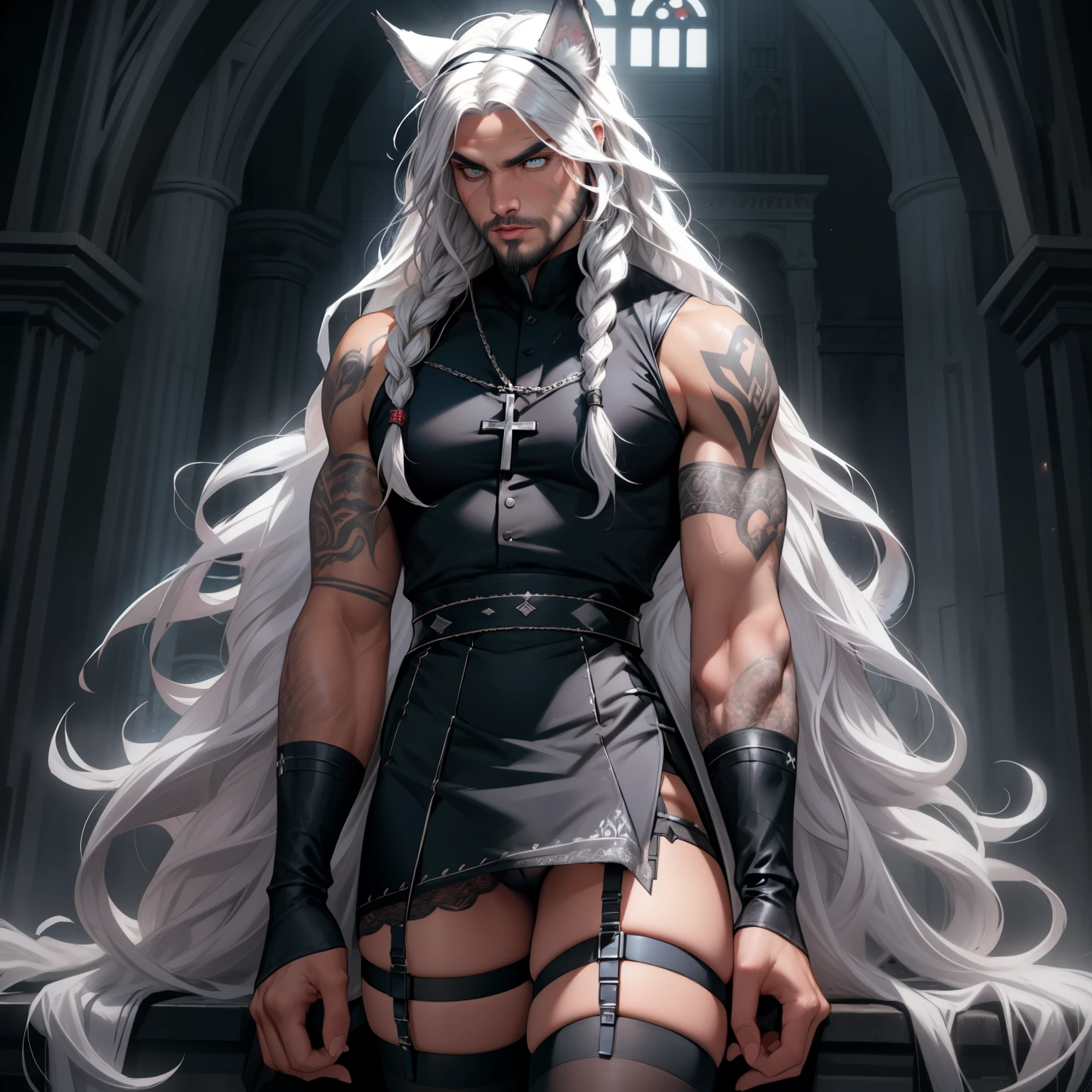 jason mamoa with long white hair and long braided locks, has wolf ears, has a wolf tail, has glowing blue eyes, wearing catholic nun outfit, short light beard, wearing cute female makeup, wearing lipstick, wearing eyeshadow, covered in tattoos, wearing garter belt, wearing sheer stockings, solo, alone, (SOLO)(ALONE)