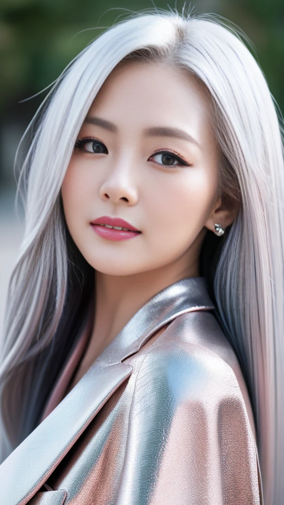 High image quality 8k resolution images Honesty sharp clear detail image a beautiful girl perfect face long hair in platinum color modern fashion clothes an asian girl with smooth pinkish white skin youthful and dynamic style