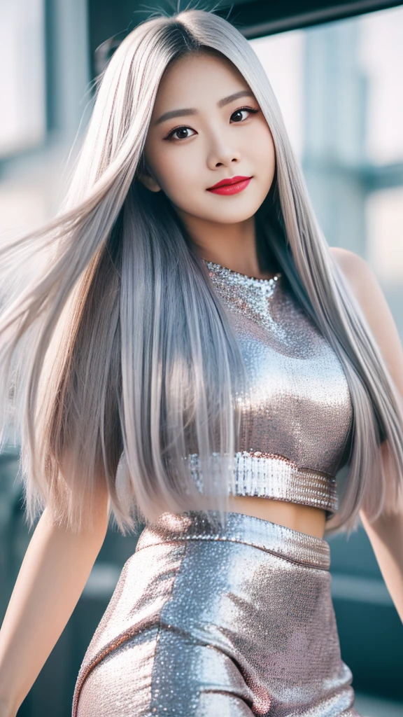 High image quality 8k resolution images Honesty sharp clear detail image a beautiful girl perfect face long hair in platinum color modern fashion clothes an asian girl with smooth pinkish white skin youthful and dynamic style