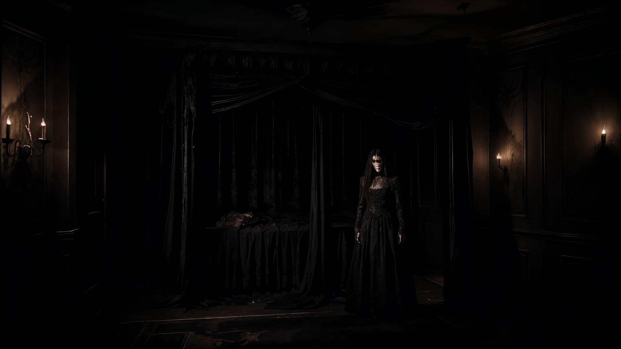ghost (best quality,realistic,ultra-detailed:1.2),demon,dark corner of the room,scary,red glowing eyes,long,sharp claws,mysterious shadows,creepy atmosphere,pale skin,ominous presence,menacing grin,hauntingly beautiful,spooky,unearthly,nightmare-inducing,dark magic,ominous silence,horror movie-inspired lighting,distorted features,whispering voices,billowing smoke,dreadful presence,gothic elements,macabre,terrifying,darkness enveloping the room,devilish horns,rusted chains,malicious,spine-chilling,twisted,unsettling ambiance,frayed curtains,shadows crawling on the walls,hauntingly detailed,spiderwebs hanging from the ceiling,blood-red backdrop