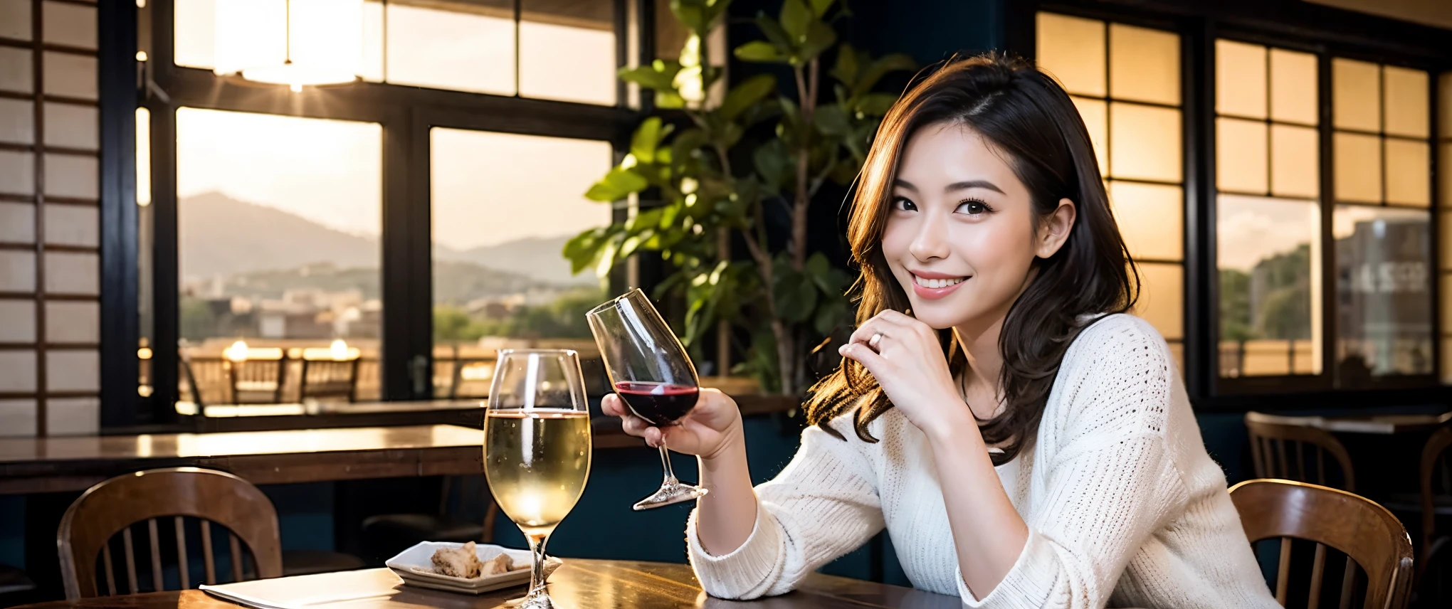 (including 64k, nffsw, highest quality, table top: 1.2), (realistic, photorealistic: 1.37), Spectacular view of the sunset sky and clouds、Amazing mountain views、long sleeve shirt、winter fashion、Columbia、Brazilian、Japanese、Dutch、German、Portuguese、Belgian、Italian、French,Champagne、sparkling wine、 (slimフェイス), (slimボティ), (brown hair), (shortcut), neat beauty、cheeks turn a little red, (42 years old), 40 years old, alone, 窓の外には美しく緻密なnight景が広がります., restaurant, wine glassが座っている, nightに, in a prominent place (from the Upper body) nova frog style, actress, model, Upper body, White wine, slim, wine glass, Super Clean night View, wine glass Put in the Middle, Happy smile, (smile: 1.15), beautiful and detailed eyes, Upper body, bust japan up, night, short, short, actress, model, Upper body, White wine, slim, wine glass, Super Clean night View, wine glass Put in the Middle, Happy smile,