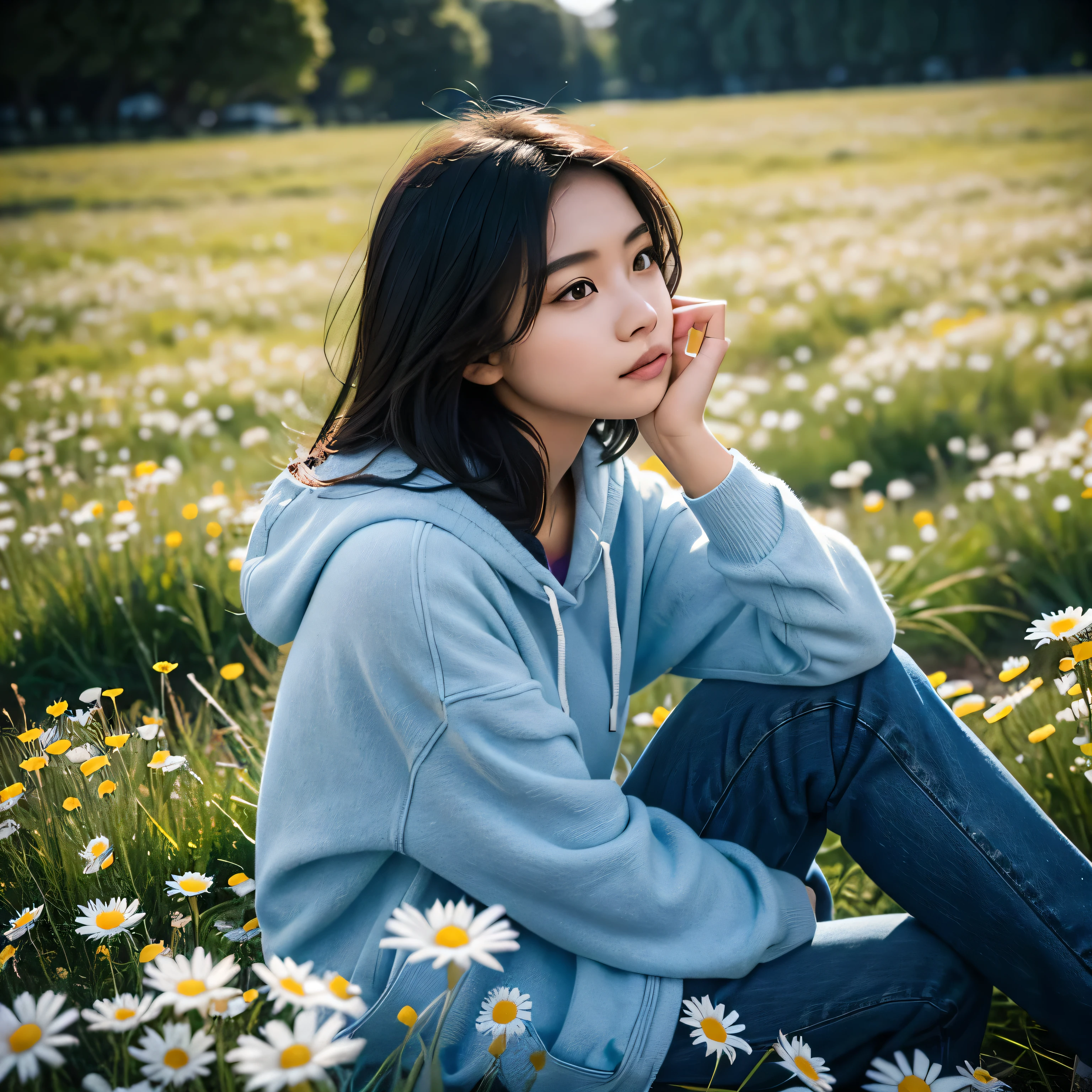 generate img
TYPE : Beauty Photography
THEME : fairy lights
RACE : Indonesian, young
PERSON 1 : Early 20s, woman
SCENE : outdoor , sitting in the middle of a field of very tall and beautiful daisies, side view , looking at her shoulders , full filled with tall daisies, creating an beauty atmosphere , wind blowing effect.
PROPS: : fields of tall daisies, blue sky , butterfly , wearing hoodie sweater and long trouser jeans, wind blow
CAMERA : photographed using an Canon eos 90d DSLR camera with 18-135mm lens , skin texture , detailed face , close up , low exposure
ANGLE : High Dynamic Range (HDR) shot