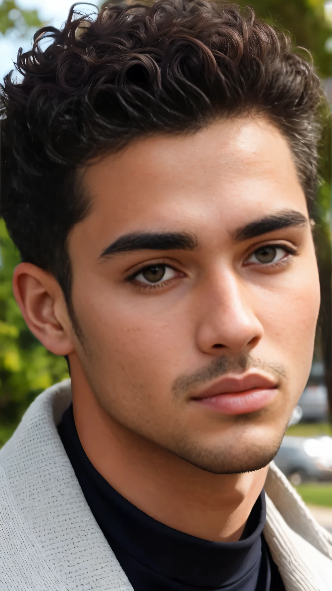 Curly man brown eyes in ruler young man 28 years old slim athletic type