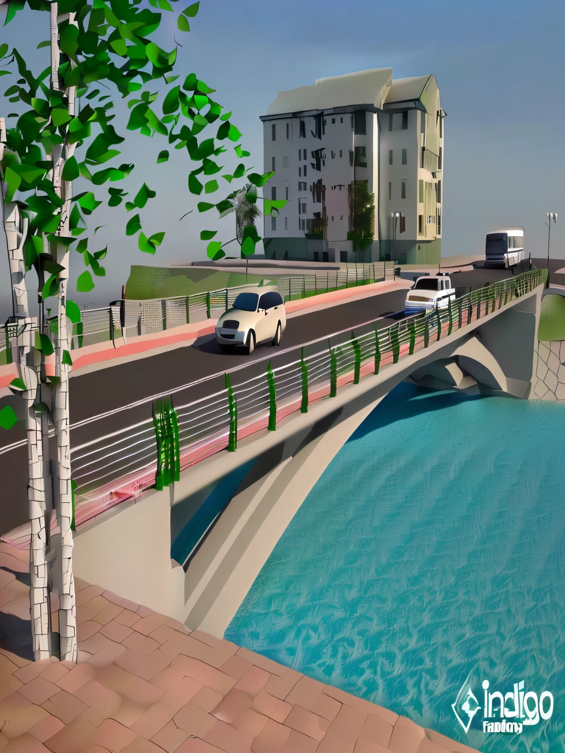 there is a bridge that has cars crossing it over a river, render 3 d, rendering, perspective view, 3 d concept render, 3d concept render, 3d render, 3 d render, 3 d perspective, 3ds max render, 3d rendering, 3 d rendering, 3 d rendering!, 3d rendering!, bridge over the water, 3 d vray render