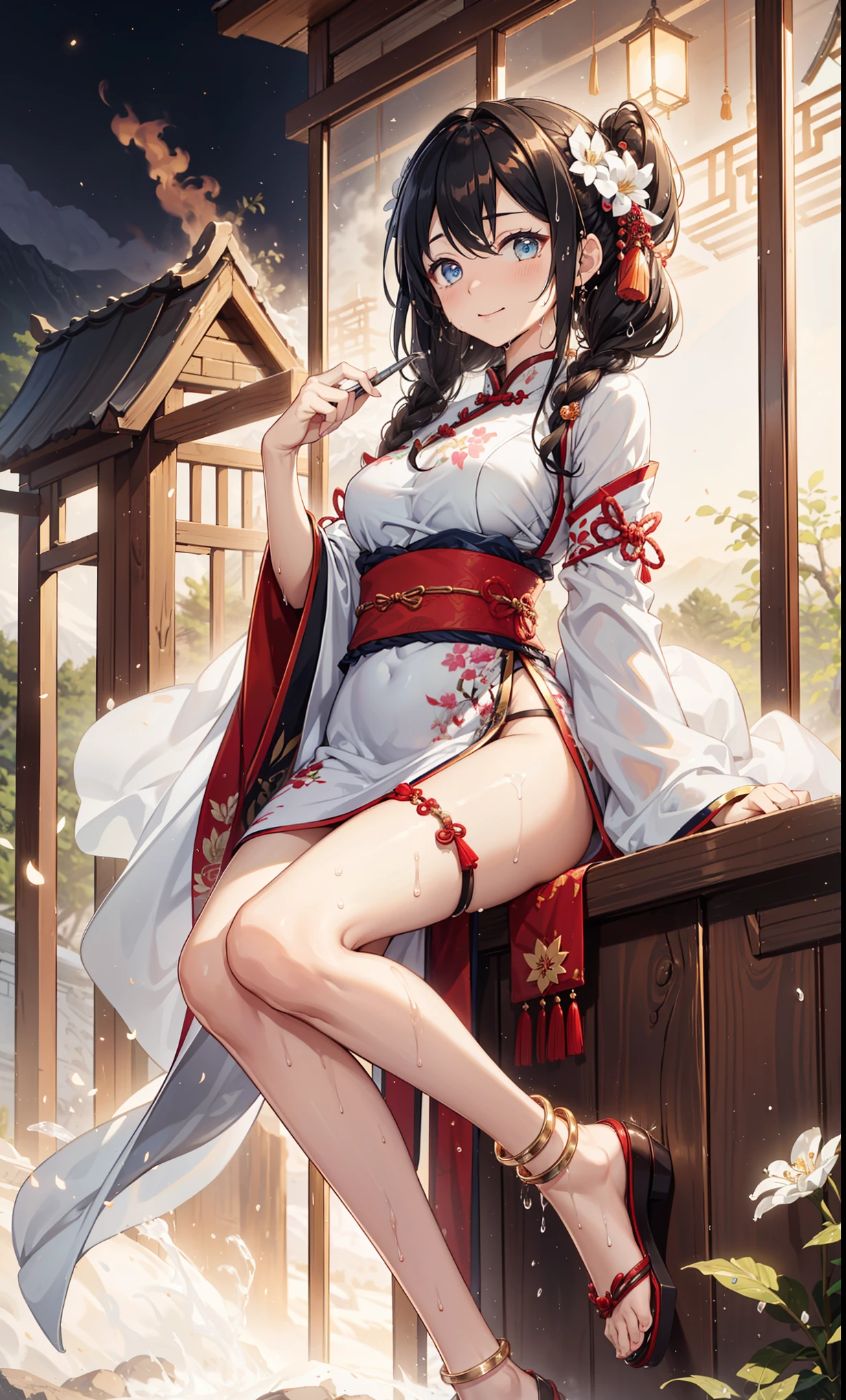 top quality，best resolution，(Drenched white long cheongsam），Super detailed, She has a white twin tail，girl，charm，Design intricate clothes，blue eyes，Distant view of forest and mountains，Elegant and charming，((Wet people，The background is an ancient Chinese hot spring))，(leg rings，anklet，fog)，night，little lighting，charm的姿势