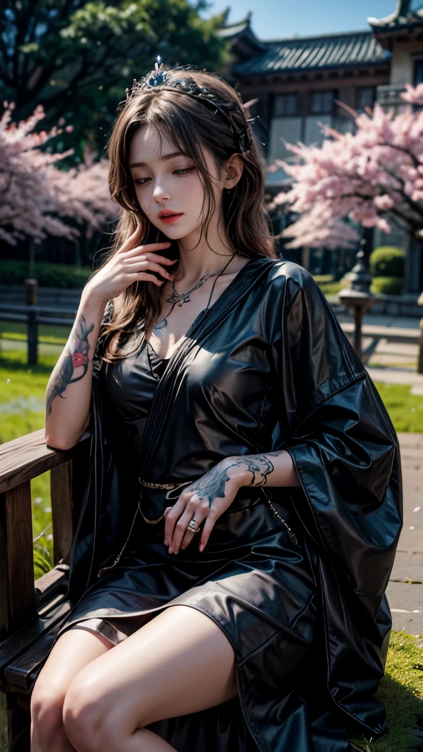 Portrait of a 27 year old saint,Charming adult saint in a long dress made of thin silk, beautiful saint with an old face, adult, She is wearing a bright colorful silk dress, beautiful face without blemishes, ((7 colors of hair length:1.2)), large crown, hair brooch, hanfu dress, chinese ancient style, full body jewelry, 額のtattoo, very even chest, face, innocent face, The most beautiful and delicate light red lipstick, ((thin and plump lips:0.3)), ((golden eyes color:0.6)), Detailed and delicate lighting effects, light and dark, dramatic lighting, magic light, highly detailed light, natural color, super sharp, realistic, 8K quality, fantasy universe background, A space of saints and magic, most detailed image, ((alone:0.3)), ((to the saints:0.6)), ((saintを真っ直ぐ見つめる&#39;Upper body:0.4)), ((smooth skin:0.5)), ((saint&#39;veil of:0.6)),tattoo , フェイスtattoo花魁 , clothes made of jewels , cherry blossoms , 🌸 , grassland , Random pose sleeping on a chair