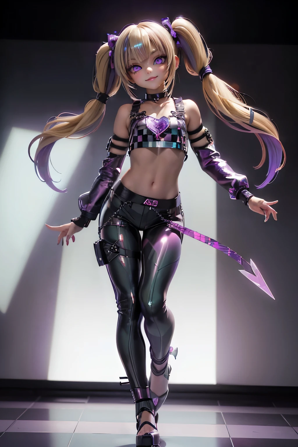 (1 beautiful woman), (22 years old), (glossy blonde short hair), (twin tails with only purple tips:1.25),(Shoulder-length twin tails), (Only both tips of the twin tails are purple: 1.2),  diagonal bangs, (narrow eyes:1.25), (half closed eyes:1.1), (tsurime:1.3), (shining purple eyes:1.1), smile, standing, (glossy dark green bondage tops:1.25), (Checkered Chest decoration in flashy iridescent colors:1.25), (Checkered Chest decoration:1.23), (leather Clothes),  (choker), (wearing long pants:1.25), (ultra-futuristic heels), ((full body)), aerial shot, (face focus:1.1),  ((light white Background)), ((masterpiece)), ((high resolution))