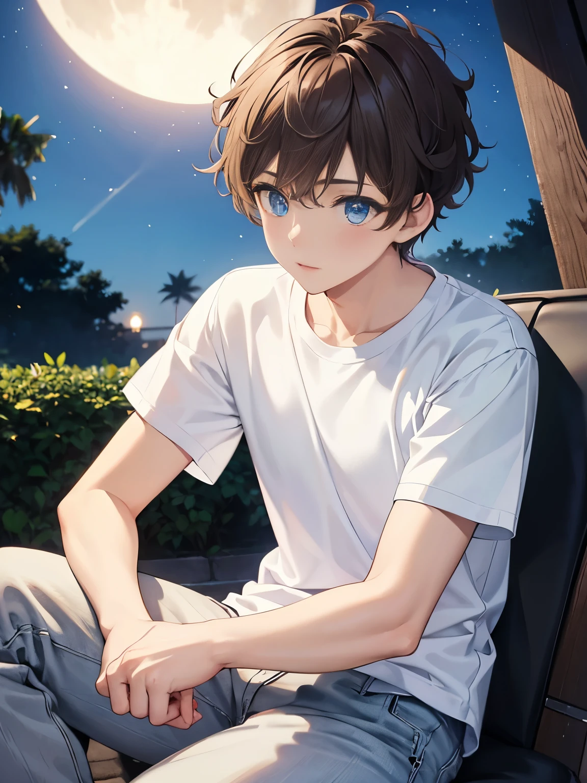 1boy,guy, blue eyes,close up photo,18 years old,Curly hair,medium hair,undercut hairstyle,light brown hair,Plain t-shirt, white t-shirt,white trousers,at Night, beautiful moon,ultra detail,masterpiece