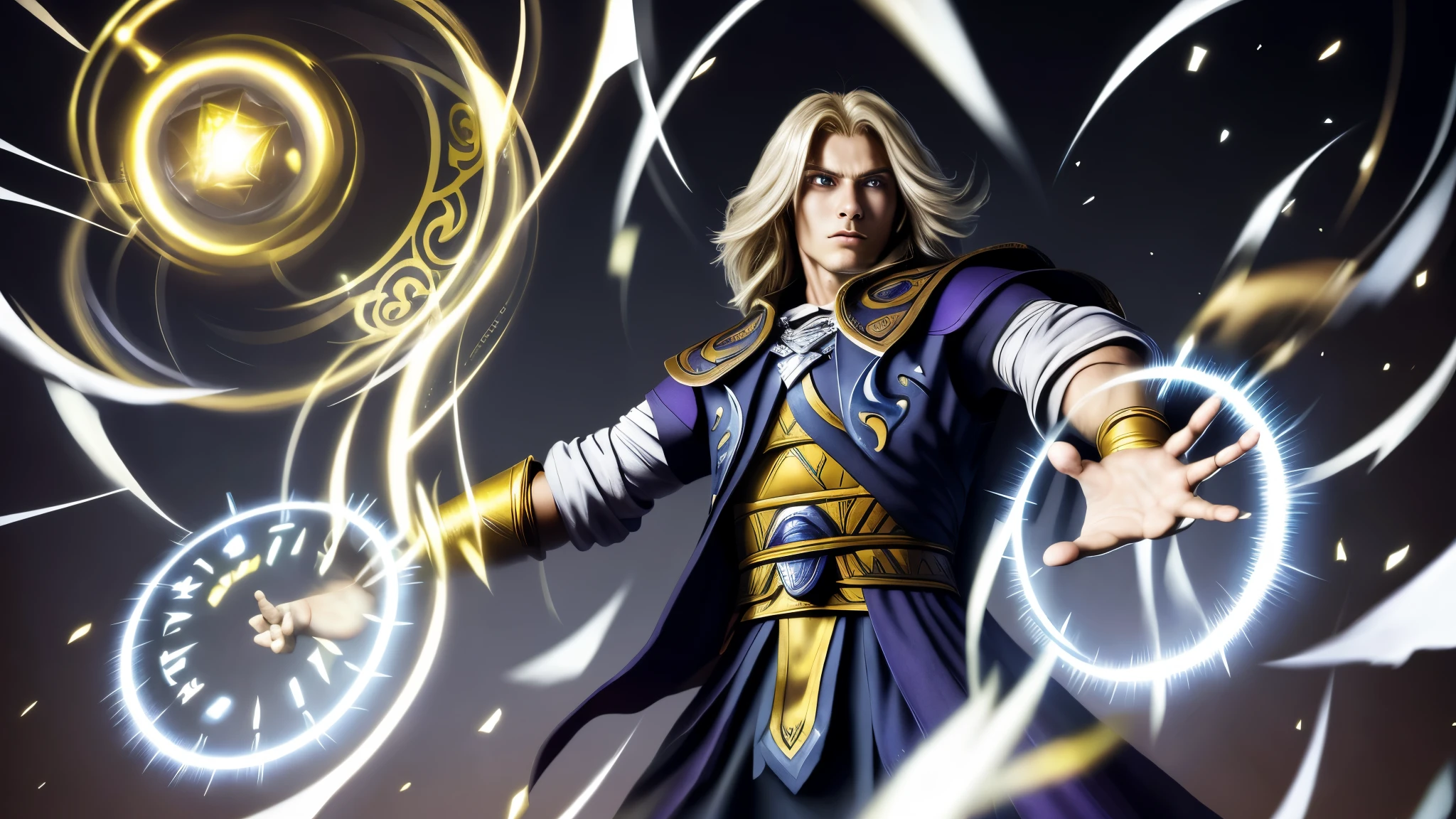 master piece), ), 8k, best quality, book illustration, elf boy, childlike appearance, male, teenager, 14 years old, 1.70 meters tall, white skin, thin body, pointed ears elf, beautiful finely detailed silver eyes, high forehead, spiky yellow blonde hair like Gohan from the anime dragon ball (super sayajin), round face, highly detailed, sharp focus, incredibly handsome, conservative elven outfit, conservative posture , fighting, throwing salt stone in enemy