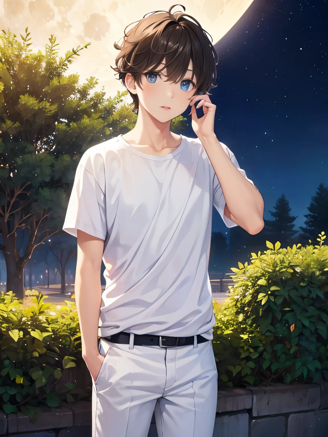 1boy,guy,Stand next to a tree, Shocked expression,Hand covering mouth,blue eyes,close up photo,18 years old,Curly hair,medium hair,undercut hairstyle,light brown hair,Plain t-shirt, white t-shirt,white trousers,at Night, beautiful moon,ultra detail,masterpiece