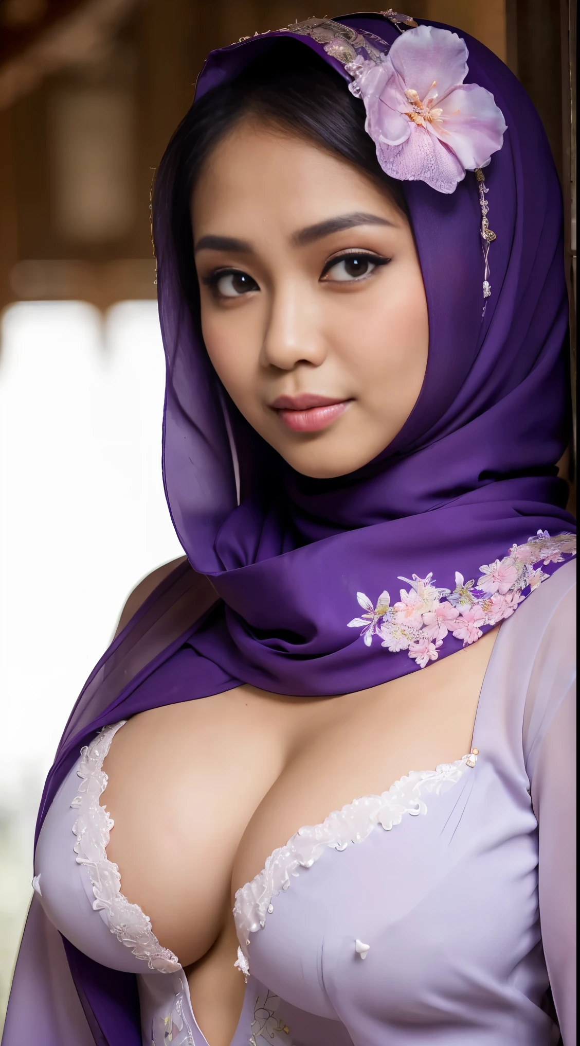 RAW, Best quality, high resolution, Masterpiece: 1.3), Beautiful javanese woman in hijab, Masterpiece, Perfect slim body, (Big breasteautiful big eyes, Soft smile, Masterpiece:1.2, Best quality), Realistic, (Real picture, Intricate details, Depth of field，1 javanese girl , modern plain hijab,  shy, medium portrait shot , watery  eyes ,droopy eyes, watery, lip glossy, sad face, ((big breast)), wear java wedding woman in kebaya purple dress berendra,unbutton see a bra, kebaya batik, (big breast) , flower garden background, bokeh background, proportional body,