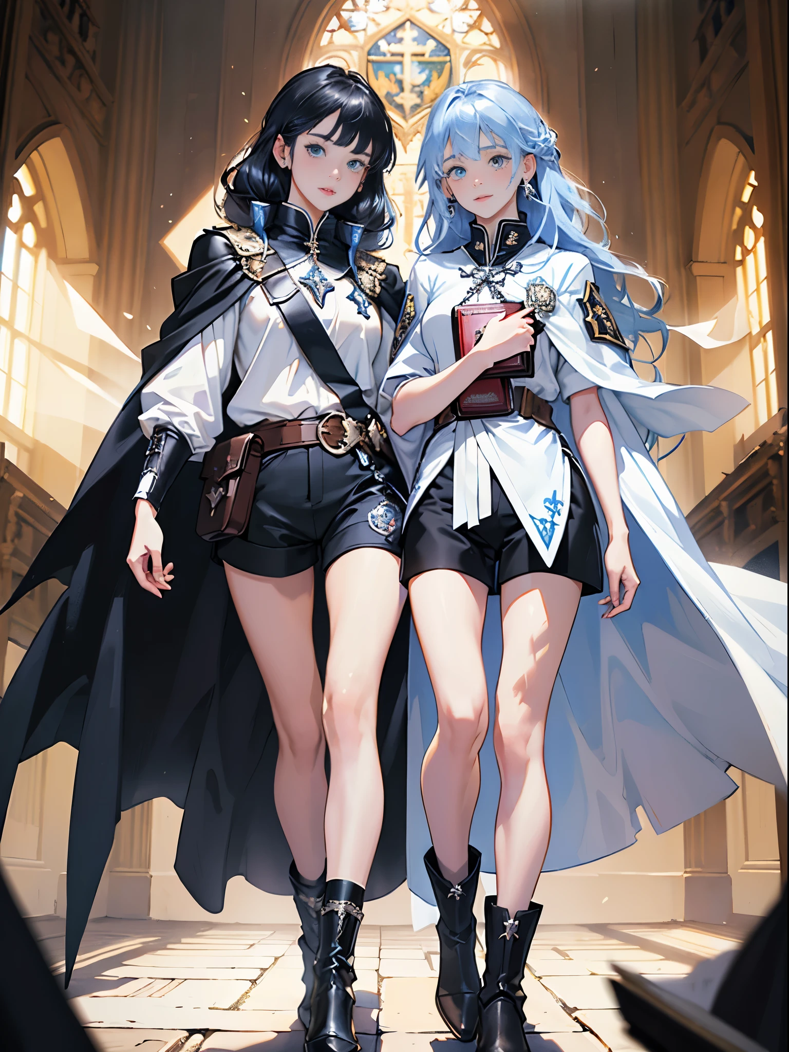 masterpiece, ultra detailed, 8K Portrait, Raw photo, (((((2 girls))))), girls photography, full body, Highly detailed face, ((Fantasy)), 15 years old, (((classmates))), smile, various hairstyles and hair color, (((white long tunic with a single vertical blue line))), (((black shorts))), (((white cape with coat of arms))), (((little waist hip pouch))), leather boots, various pose, ((holding magic book)), In the classroom of the medieval magic school, Midday Sun, Hyper realistic, Ambient lighting, Shadow details , Camera focus on face, strong breeze, Light fog