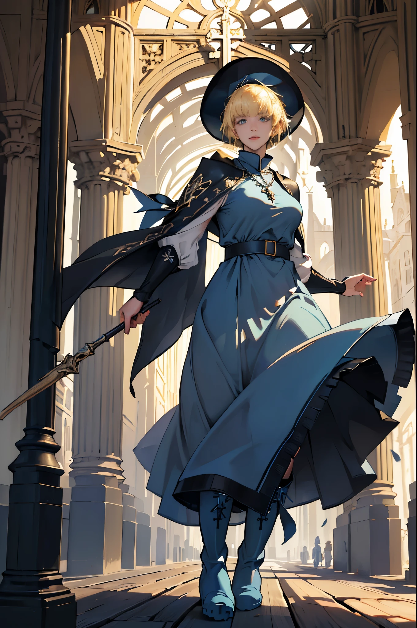 masterpiece, ultra detailed, 8k portrait, RAW photo, portrait photography, highly detailed face, beautiful and meticulous eyes, ((Fantasy)), Young beautiful, dynamic pose, kind face, smile, (((Blonde very short hair, bangs))), ((Priest)), wood necklace, clergy hat, (((long cloak))) fluttering in the wind, (((dark dull blue oversized Priest tunic))), (((long skirt)), (((low boots))), ((holding long wood staff)), big shoulder bag, Midday Sun, hyper realistic, Body model, Big breasts, Beautiful breasts, Long legs, in the crowd, Ambient lighting, Shadow details , Camera focus on face, strong breeze, Light fog