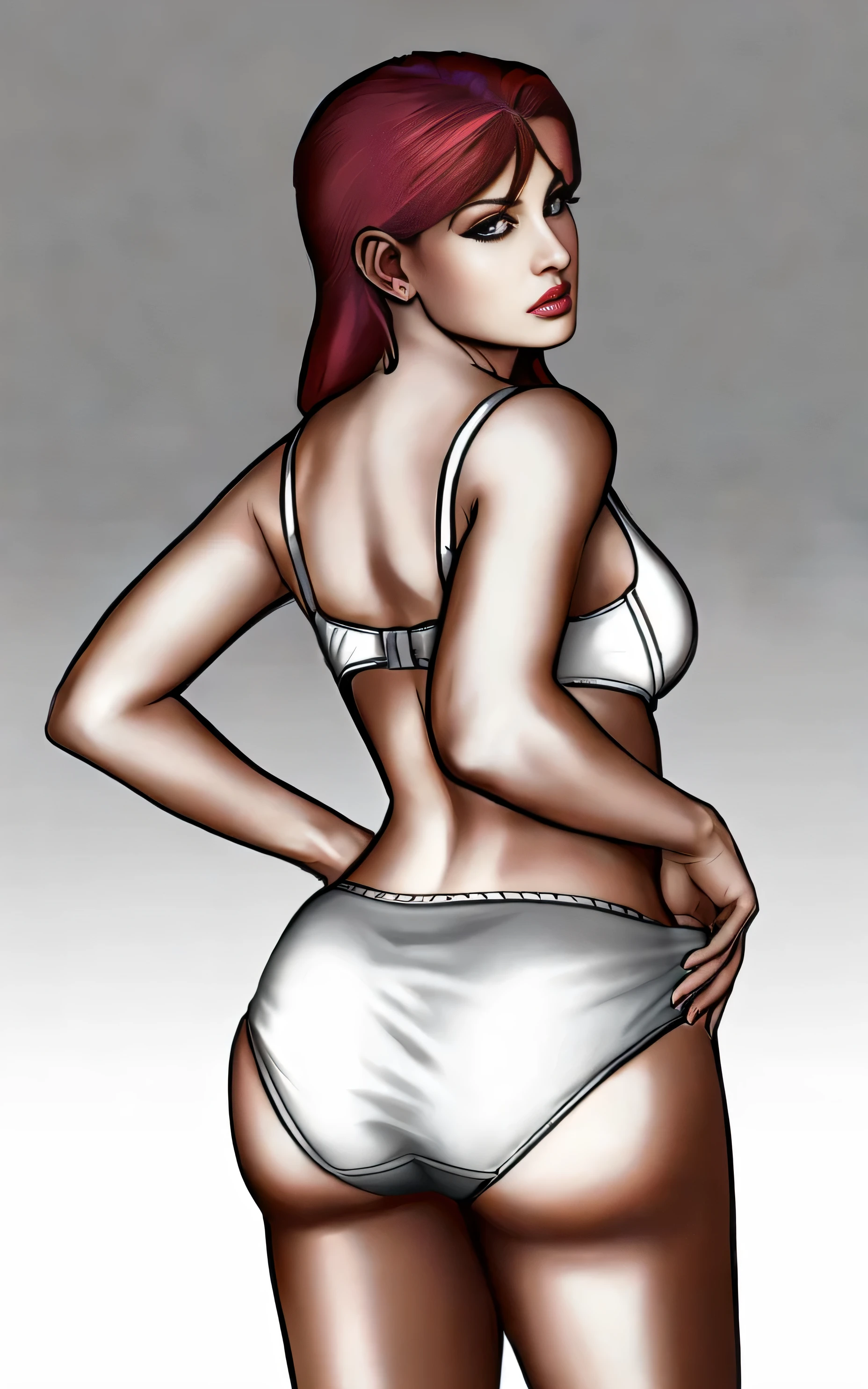((masterpiece, best quality)), ((33 year old)), (((Curvy))), (((Latina with long red hair))), in white bra, adjusting her ((white fullback cotton panties)), (((Large Hips))), Annoyed expression, (((realistic art style)))