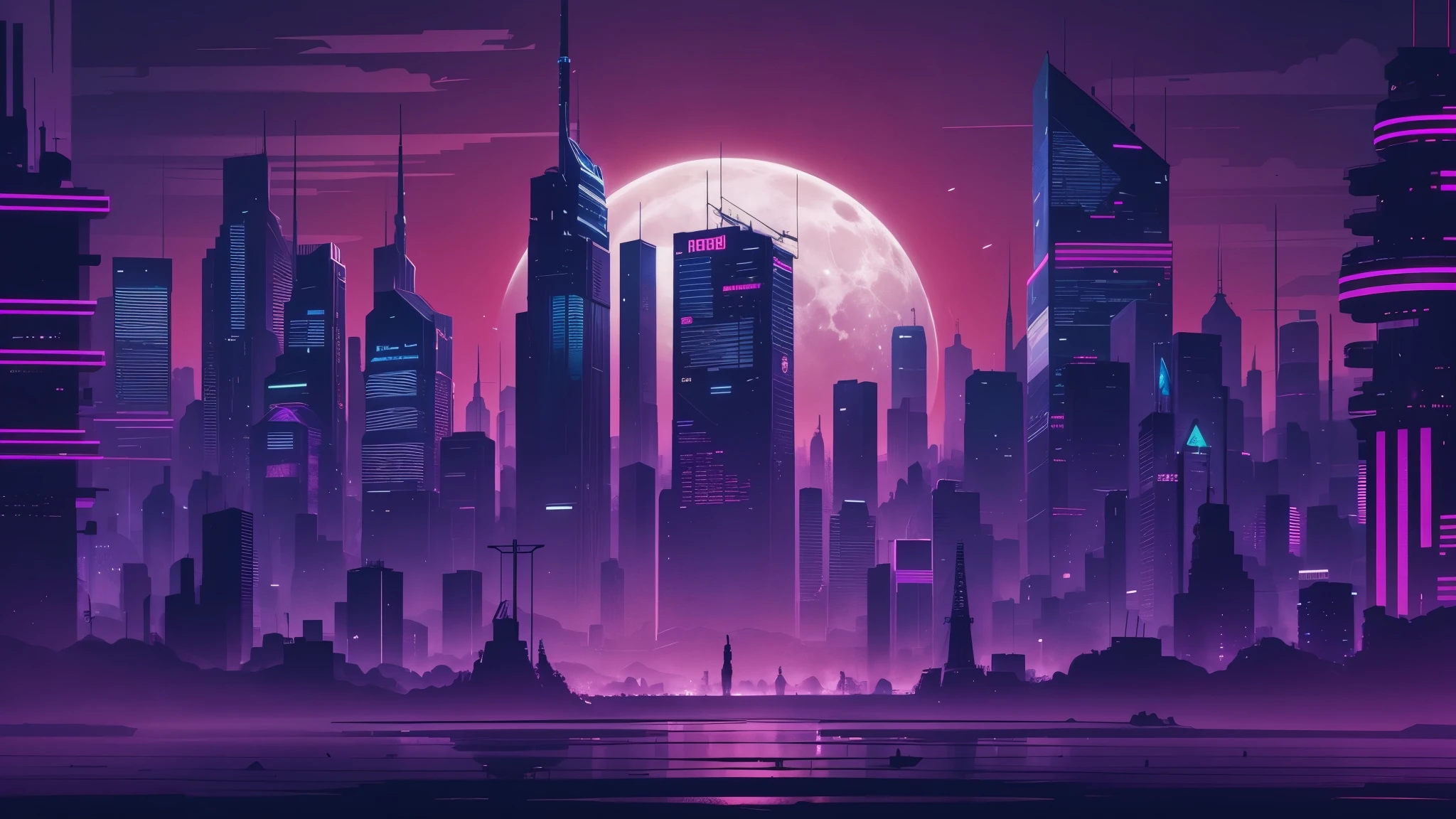 a vector illustration, cyber city, cyberpunk, cityline, full moon, purple sky, minimalistic, background wallpaper