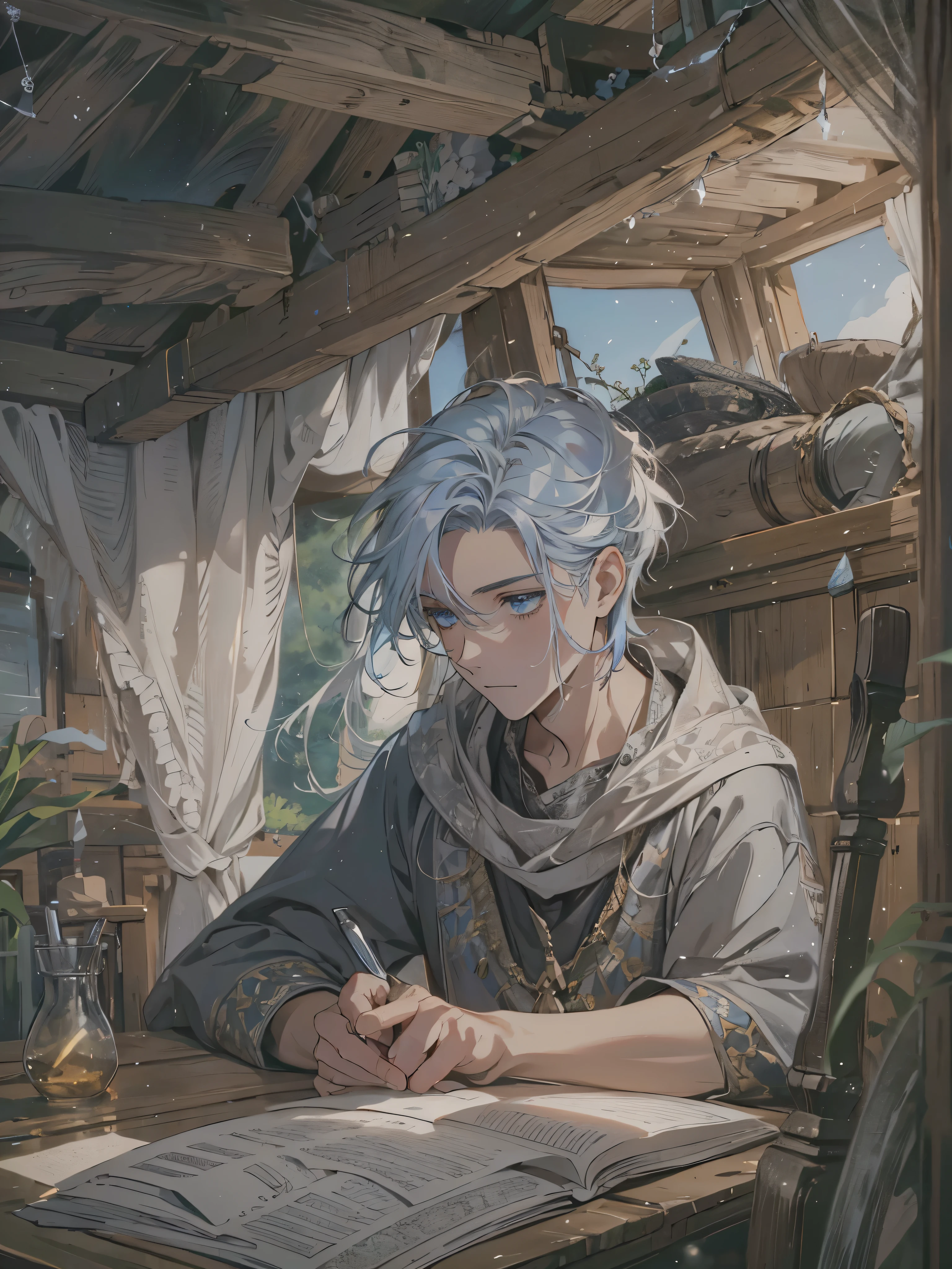 1 jovem, sozinho, writing a book inside a caravana medieval, atmosfera serena e reflexiva, soft lighting passing through the caravan&#39;s fabric roof, caravana medieval, Homem de 15 anos, olhos azuis, tatuagem abaixo dos olhos, cabelo de cor branca , cabelo curto, juvenil, roupas pretas, olhando para o teto com caneta no queixo, best angle, considerado, {lindos olhos detalhados}, {luz detalhada}, {illustration}, {better lighting}, arte conceitual,