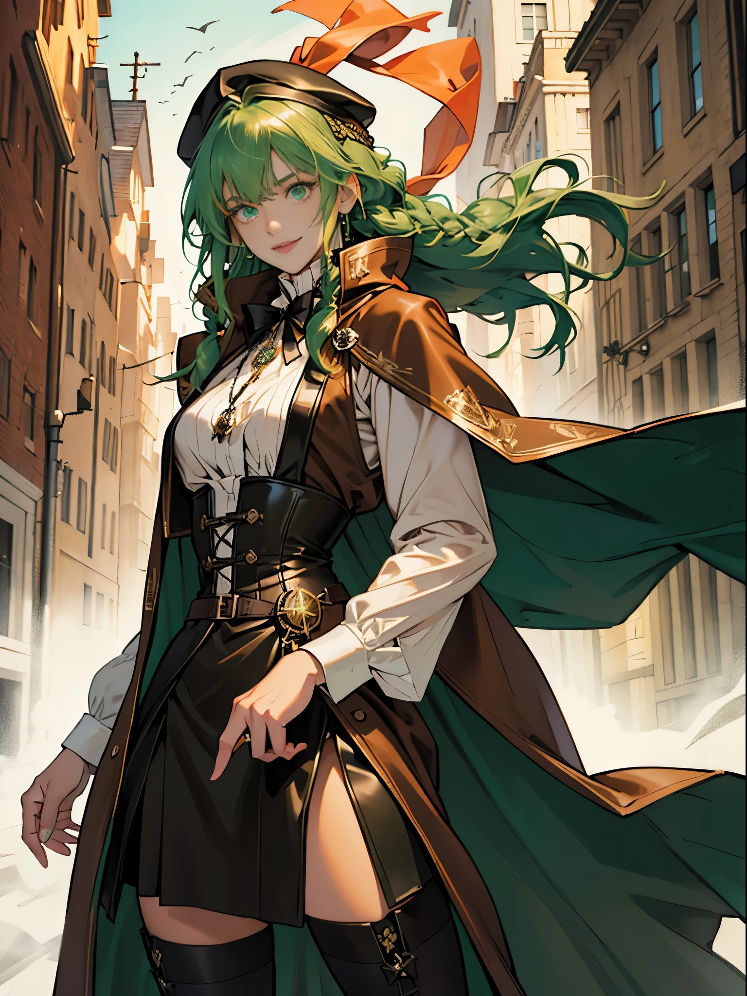masterpiece, Super detailed, 8K portrait, RAW photo, portrait photography, highly detailed face, beautiful and detailed eyes, ((fantasy)), young and beautiful, smile, 22 years ago, dynamic pose, (((long straight deep green hair))), ((One side is braided with an orange colored ribbon)), dull bangs, beret, white skin color, luxury, hooded (((Dark brown))) (((Silk Long Cloak))) fluttering in the wind, (((dress shirt))), (((silk maxi skirt))), leather corset, (((dark thigh high tights))), High Cut Leather Boots, (((Lift a long magic wand))), ((Wear a pocket watch)), midday sun, surreal, body model, small breasts, beautiful breasts, long legs, Inside the city, environmental lighting, shadow details , focus the camera on the face, strong wind, light fog