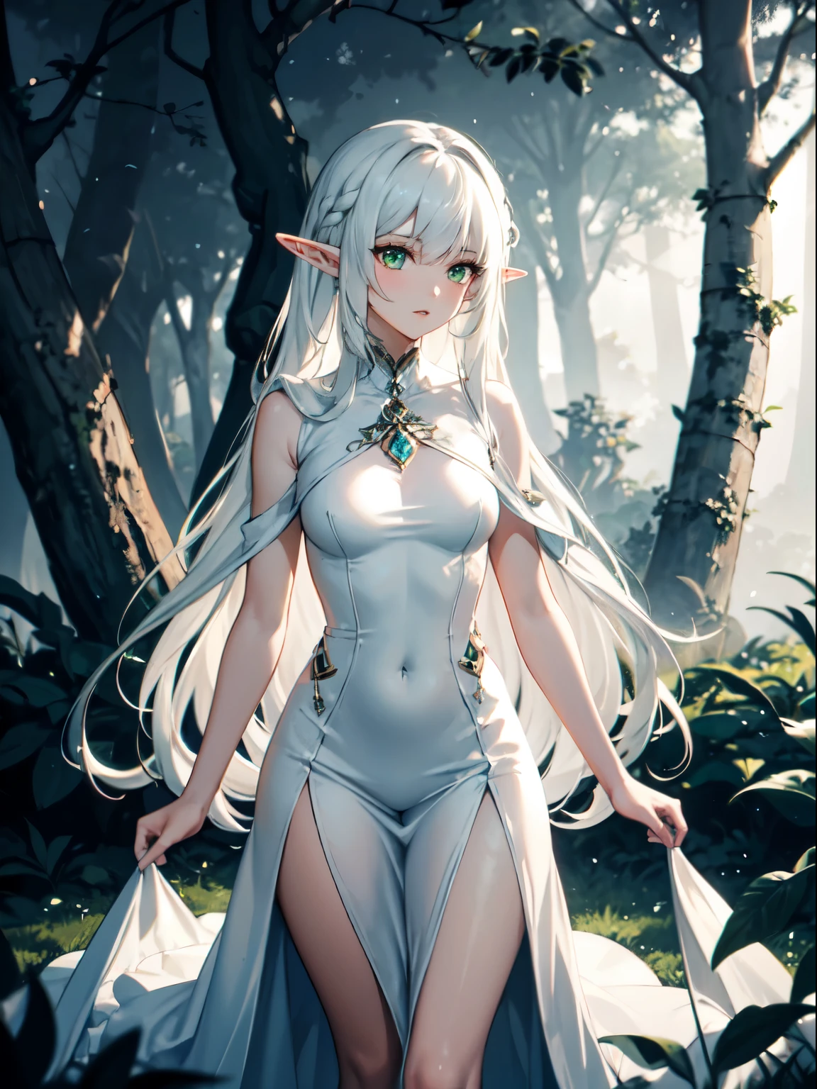 (elf), (long hair, white hair, green eyes), (dark forest, mist, fog), dark theme, (thin white dress, sexy)