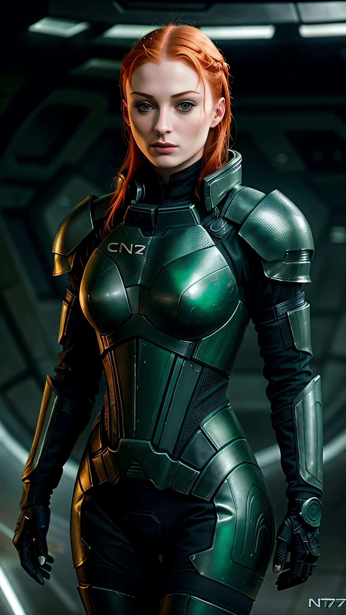 mass effect style, ((Sophie Turner)) as a Sansa Stark, ginger hair, make-up, ((green)) n7armor, space ship, 1woman, solo, beautiful detailed glow, detailed, cinematic light, intricate detail, realistic, highres, detailed facial features, high detail, sharp focus, smooth, aesthetic, extremely detailed, stamp, octane render