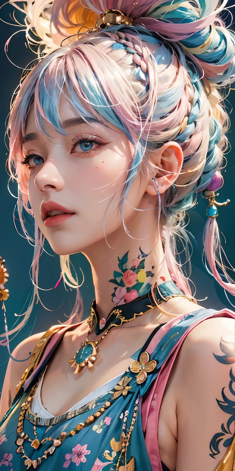 lifelike, high resolution, soft light,1 lady, alone, hip lift, sparkling skin, (Detailed face),tattoo, jewelry, (rainbow hair,Colorful hair,half blue half pink hair:1.2), Komono、summer clothing