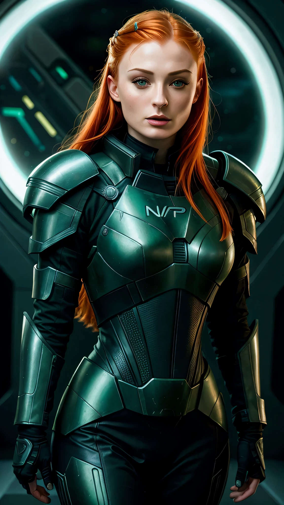 mass effect style, ((Sophie Turner)) as a Sansa Stark, ginger hair, make-up, ((green)) n7armor, space ship, 1woman, solo, beautiful detailed glow, detailed, cinematic light, intricate detail, realistic, highres, detailed facial features, high detail, sharp focus, smooth, aesthetic, extremely detailed, stamp, octane render