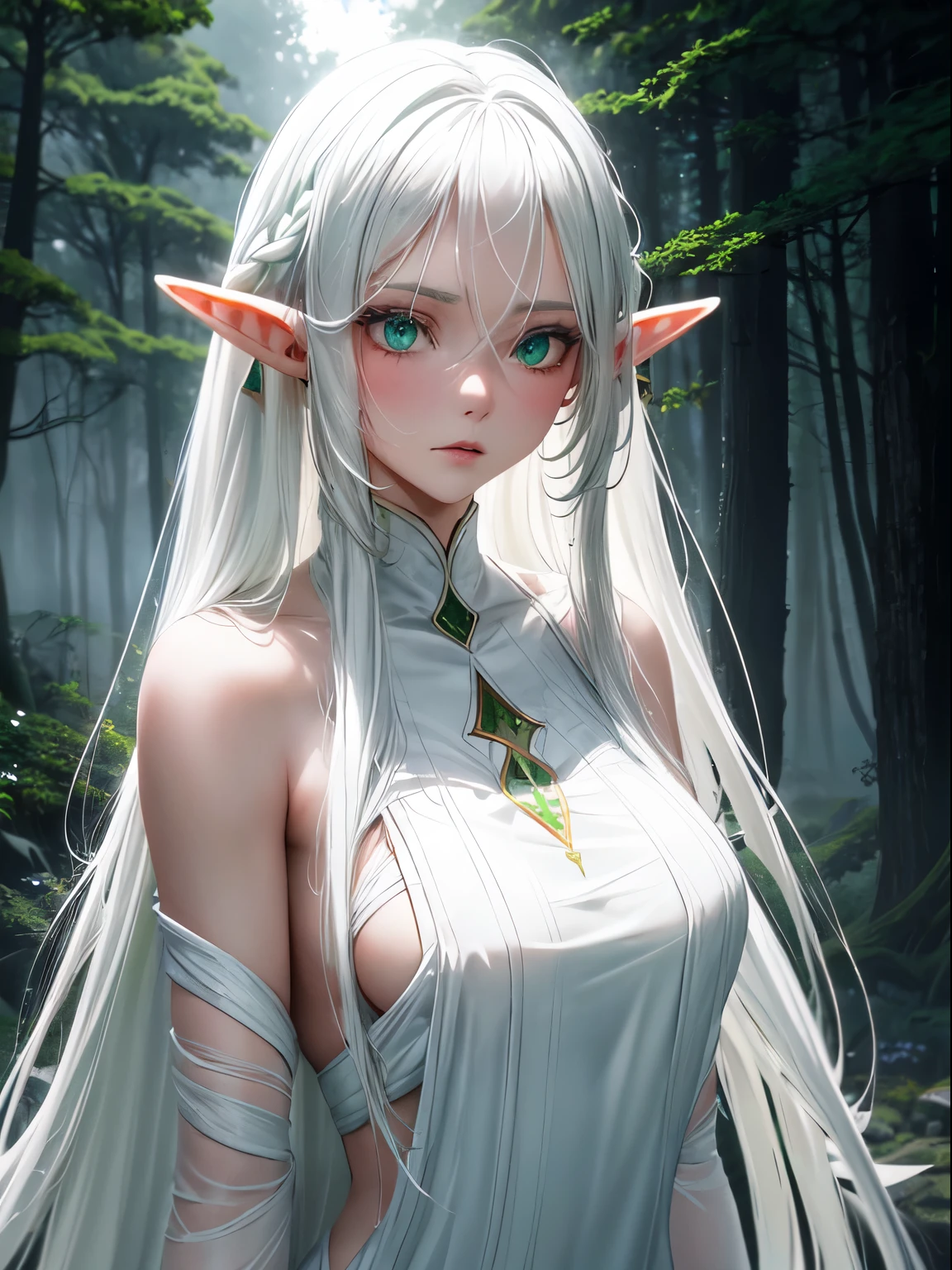 (elf), (long hair, white hair, green eyes), (dark forest, mist, fog, side lighting, best lighting), dark theme, (thin white dress, sexy)