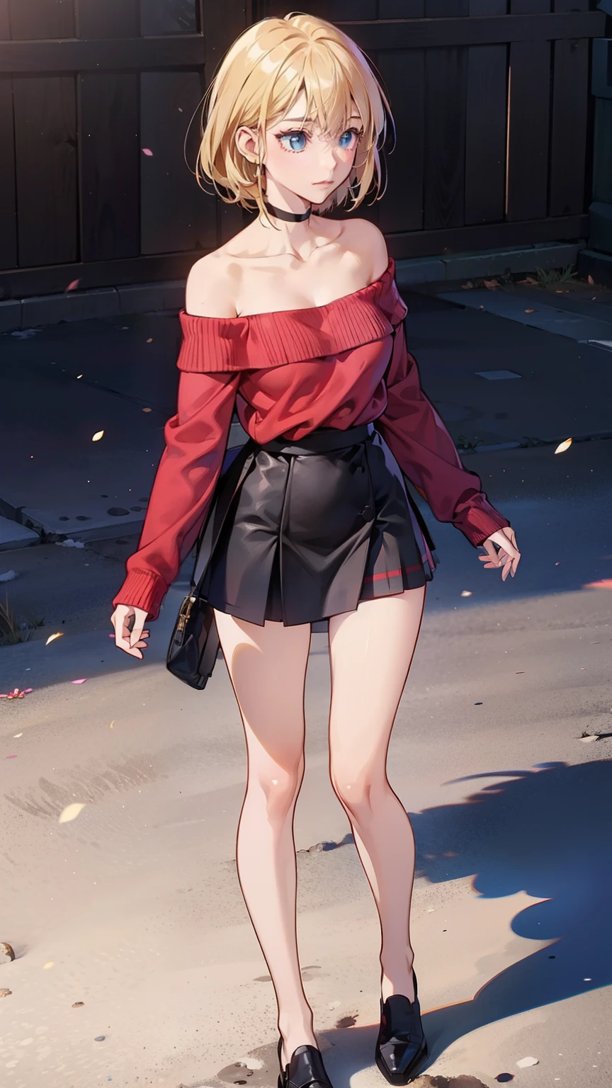 bestquality,animescreencap,solo,woman,slender,paleskin,blondehair,bobhair,blueeys,smallbreasts,fullbody,masterpiece,bluntbangs,miniskirt,redsweater,off-shoulder,