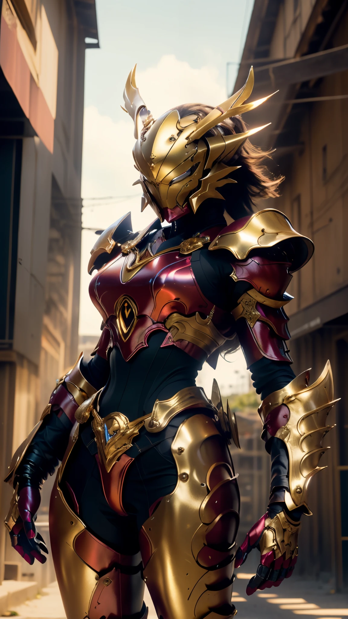 A woman adorned in fantasy-style full-body armor, a crown-concept fully enclosed helmet that unveils only her eyes, a composite layered chest plate, fully encompassing shoulder and hand guards, a lightweight waist armor, form-fitting shin guards, the overall design is heavy-duty yet flexible, ((the armor gleams with a golden glow, complemented by red and blue accents)), exhibiting a noble aura, she floats above a fantasy-surreal high-tech city, this character embodies a finely crafted fantasy-surreal style armored hero in anime style, exquisite and mature manga art style, (Queen bee mixed with Spider concept Armor, plasma, blood), ((Element, energy, elegant, goddess, femminine:1.5)), metallic, high definition, best quality, highres, ultra-detailed, ultra-fine painting, extremely delicate, professional, anatomically correct, symmetrical face, extremely detailed eyes and face, high quality eyes, creativity, RAW photo, UHD, 32k, Natural light, cinematic lighting, masterpiece-anatomy-perfect, masterpiece:1.5