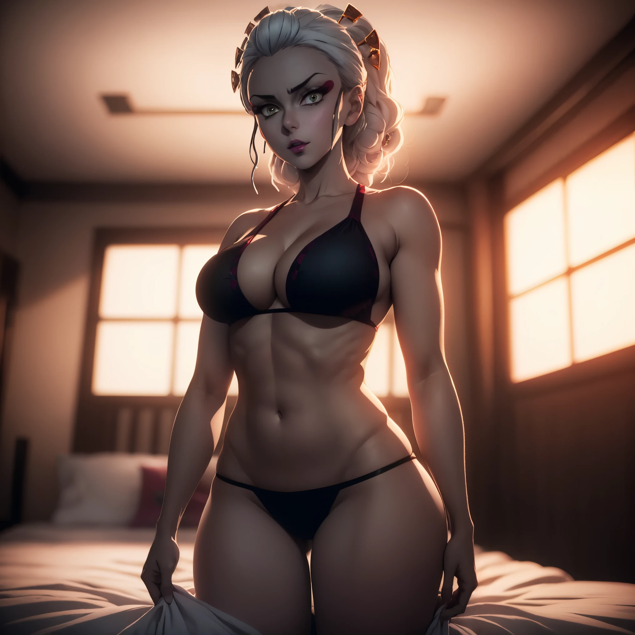 (masterpiece), best quality, expressive eyes, perfect face,Daki from demon slayer in sexy bikini 30 year old women seductive body big breasts big thigs facing towards screen  parted lips  feminine figure body in  bikini, petals Lockhart beautiful expressive eyes ,  4k backlighting smirky face full body sexy in bedroom 