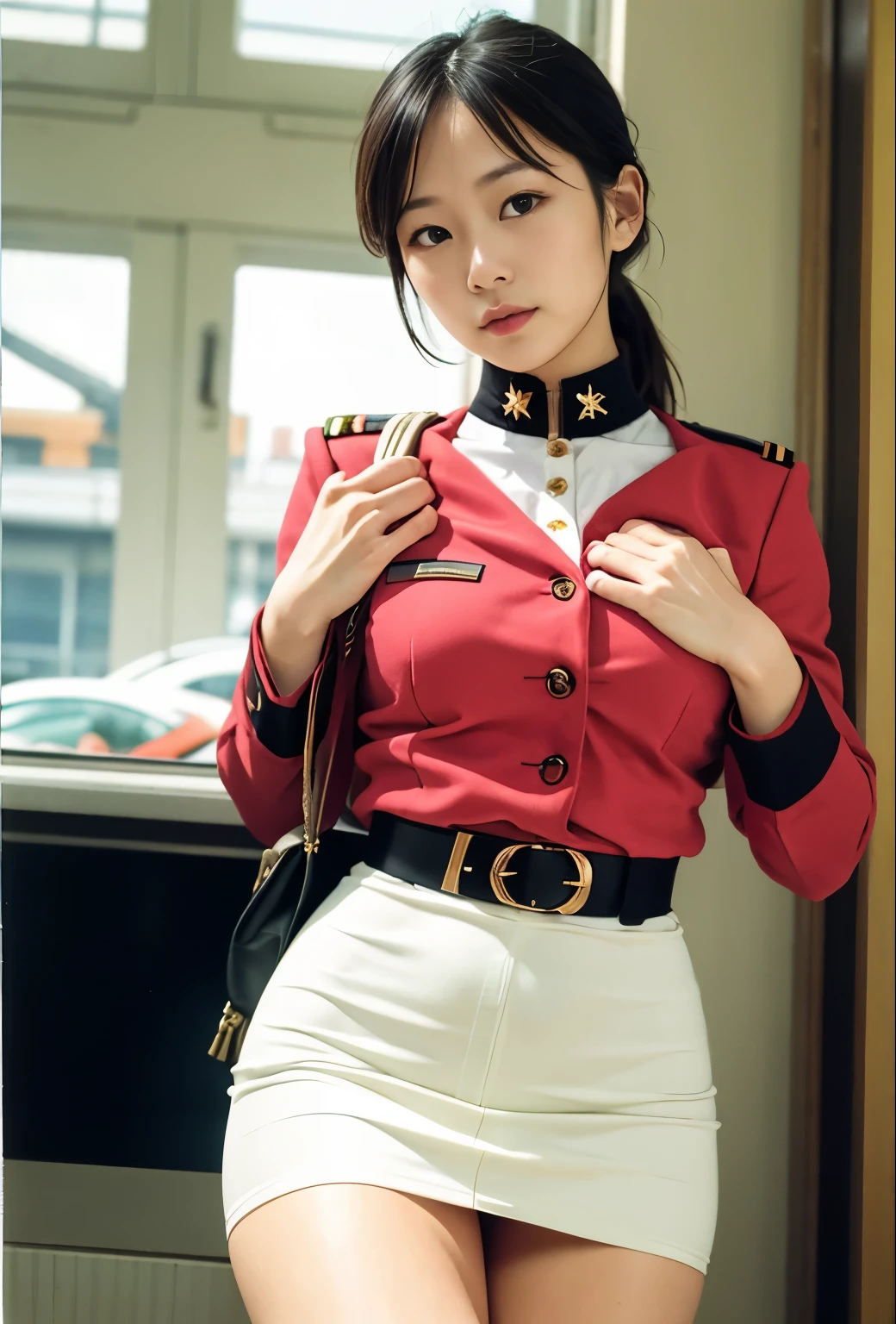 real photos、Highest image quality、beautiful woman、beautiful thighs、beautiful face、real image、federal army uniform miniskirt、ponytail、Yuriko Yoshitaka、age日本人女性、Frau Bow、cute girl、white pantiesが丸見え、16age、(white panties:1.3)、super mini skirt、beautiful thighs、white panties、赤いミニスカートがめくれてwhite pantiesが見えてる