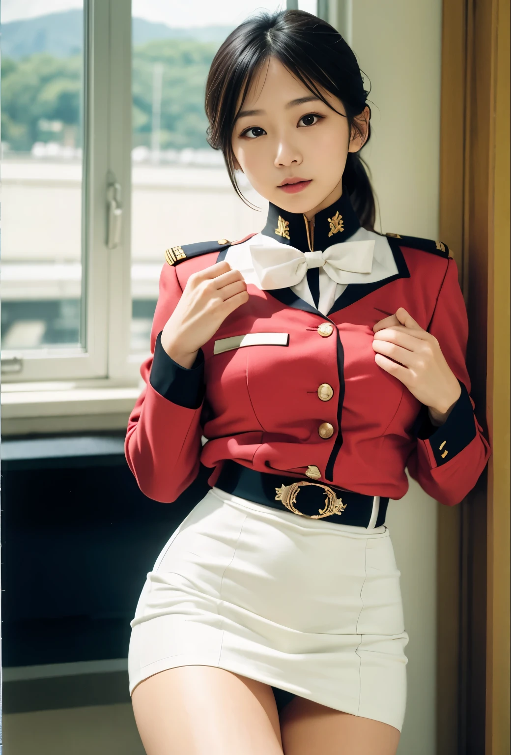 real photos、Highest image quality、beautiful woman、beautiful thighs、beautiful face、real image、federal army uniform miniskirt、ponytail、Yuriko Yoshitaka、16age日本人女性、Frau Bow、cute girl、white pantiesが丸見え、16age、(white panties:1.3)、super mini skirt、beautiful thighs、white panties、赤いミニスカートがめくれてwhite pantiesが見えてる