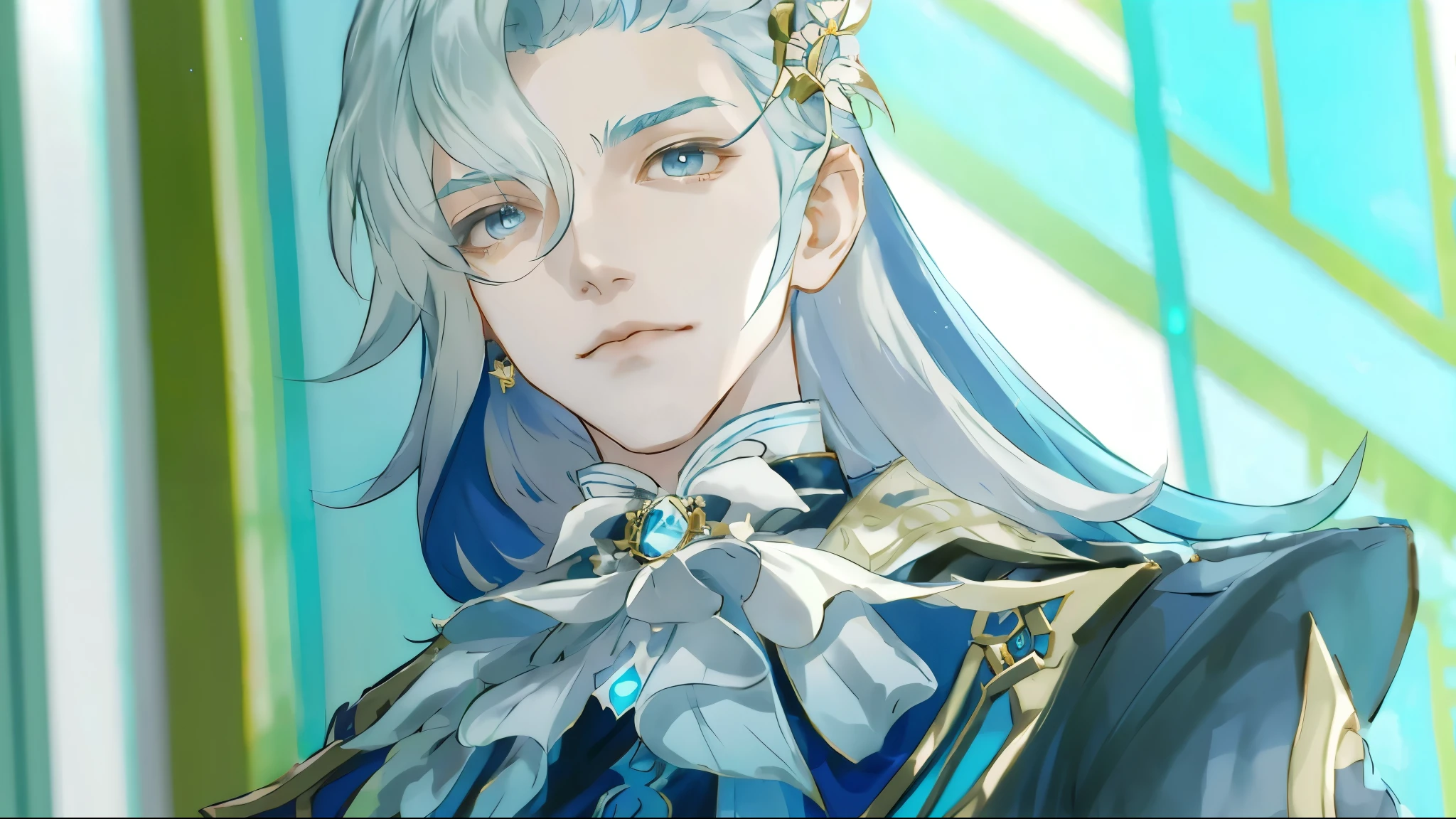 a close up of a person in a blue and white outfit, Neuvilette from genshin impact, beautiful androgynous prince, genshin impact character, delicate androgynous prince, handsome prince, zhongli from genshin impact, heise jinyao, casimir art, genshin, loong, royal elegant pose, taisho roman, granblue fantasy