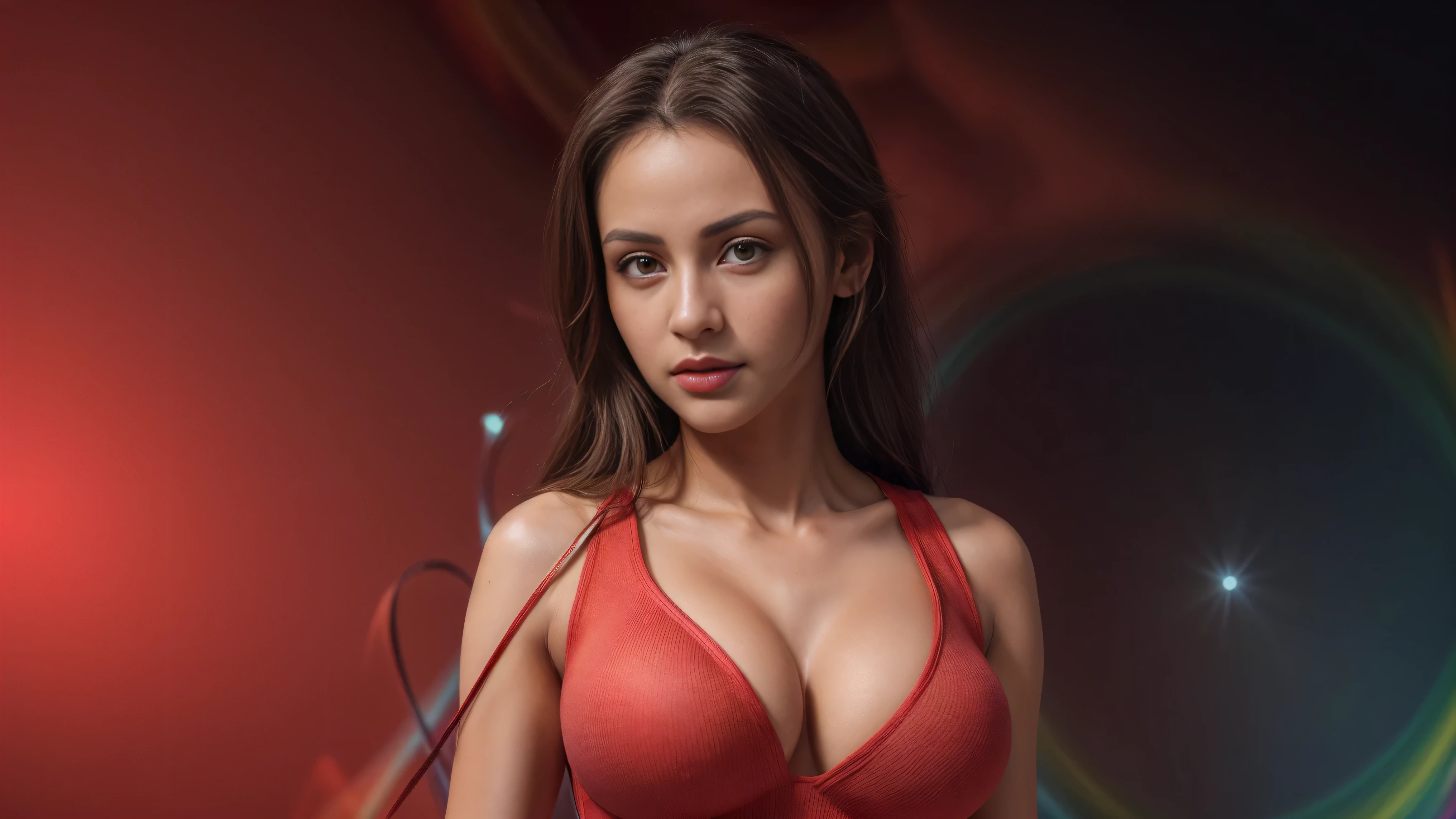 nfsw, 8k, masterpiece, RAW photo, best quality, photorealistic, extremely detailed CG unity 8k wallpaper, Depth of field, Cinematic Light, Lens Flare, Ray tracing, (extremely beautiful face, beautiful lips, beautiful eyes), intricate detail face, ((ultra detailed skin)), ((1girl:1.9)), ((alone:1.9)), ((17years old)), (beautiful and aesthetic:1.2), deep shadow, (sharp focus), [((Raiana-Elizabeth-Dilla:1.9))], pretty girl, (very slim slender fit-muscled body:1.9), (((Classic-style fashion:1.9))) (((ultra-short ((red:1.5)) clothes))), (((colorful-abstract background:1.9))), (shiny skin), clear eyes, (pale skin), (face side), ((face-view)), ((extreme-close-up-face:1.8, portrait)), soft lighting, (flowing dark-black hair), (looking at viewer:1.8), cleavage breasts, (large breasts:1.4), highly detailed, ultra realistic, extremely detailed and realistic ((red:1.5)) clothes.
