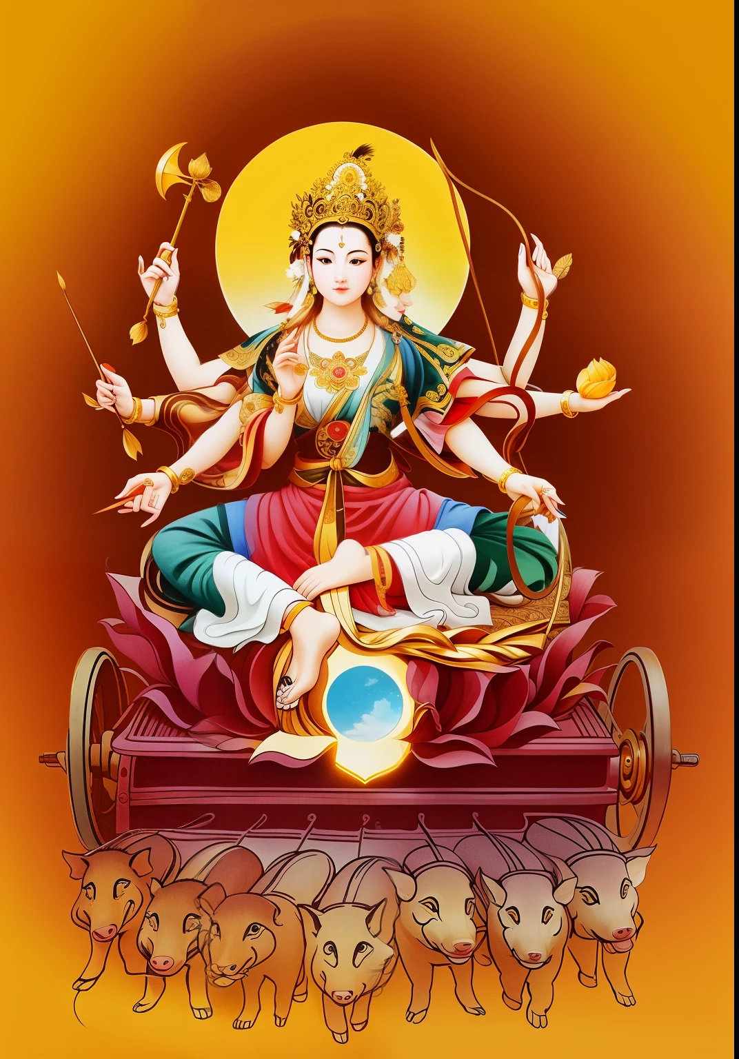 Beautiful woman sitting on a lotus in the car, Three-headed，Total, The arm has eight mudras，Barefoot with both feet，There are seven little pigs pulling the cart in front，goddess of love and peace, indian goddess of wealth, Bodhisattva of Heaven and Earth, Full color illustration, goddess art, goddess of wisdom, ancient chinese goddess，逼real，Professional photography，real，ultra high resolution，masterpiece，