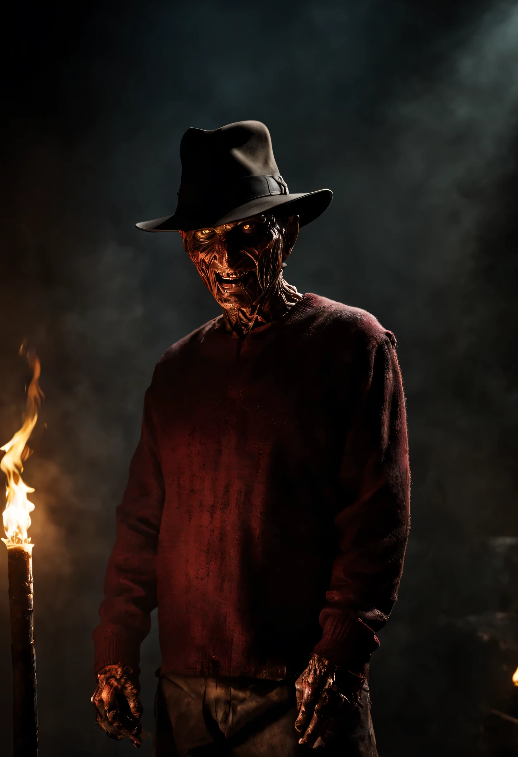 Describe a Freddy Krueger con su atuendo original., hiding from people with torches, Pensando en el futuro, spooky alley. (Calidad premium, 8K, 32k, Obra maestra, nffsw:1.3), (Ultra High Definition), (fotorrealista:1.4), raw photography, ojos perfectos, figura perfecta, action pose:1.2, Super detailed and realistic lights.. Su sombrero de ala ancha proyecta una sombra siniestra sobre su rostro quemado y desfigurado., mientras las afiladas hojas de sus dedos brillan con una luz siniestra. The air is thick with tension and palpable fear....., mientras Freddy mira hacia adelante con una sonrisa malvada, Ready to stalk his next victim in the dark....