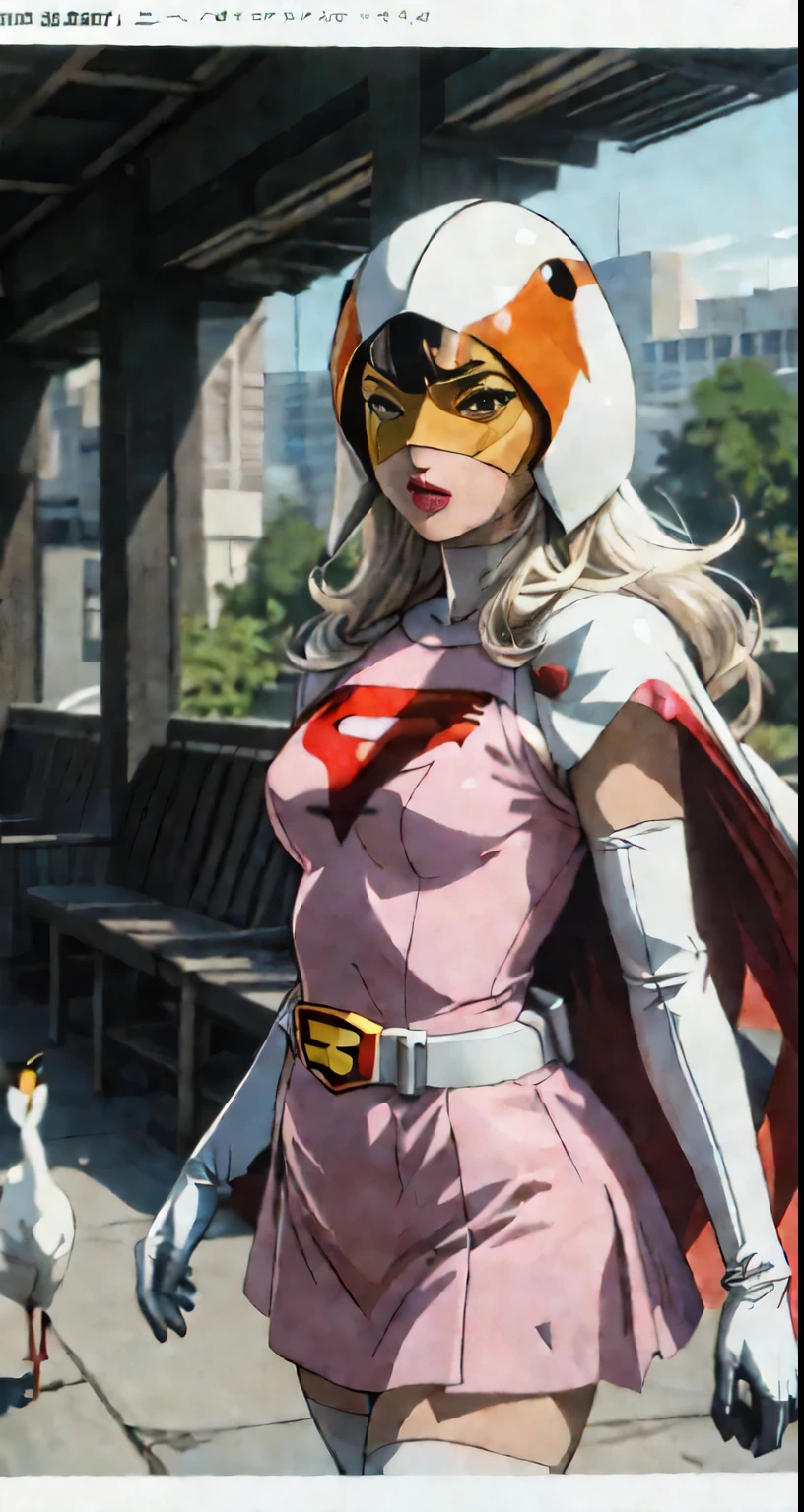 straight,Pause,looking at the viewer,break, (retro art style:1.1) 
Year_classic_Jun_gatchaman_my wife,www.my wife.and, Jun the swan, 
long hair,chest,green eyes,lips,medium chest,blonde hair,lipstick,compensate,
white legwear,pink dress,superhero,body suit,cape,gloves,Helmet,belt,elbow gloves,white gloves,mask,skirt,leotard, white stockings, Perfect for your skin, 
official art, High resolution, scenery, (masterpiece:1.1), (最high quality,:1.1), (high quality:1.1), (anime screenshot:1.2),