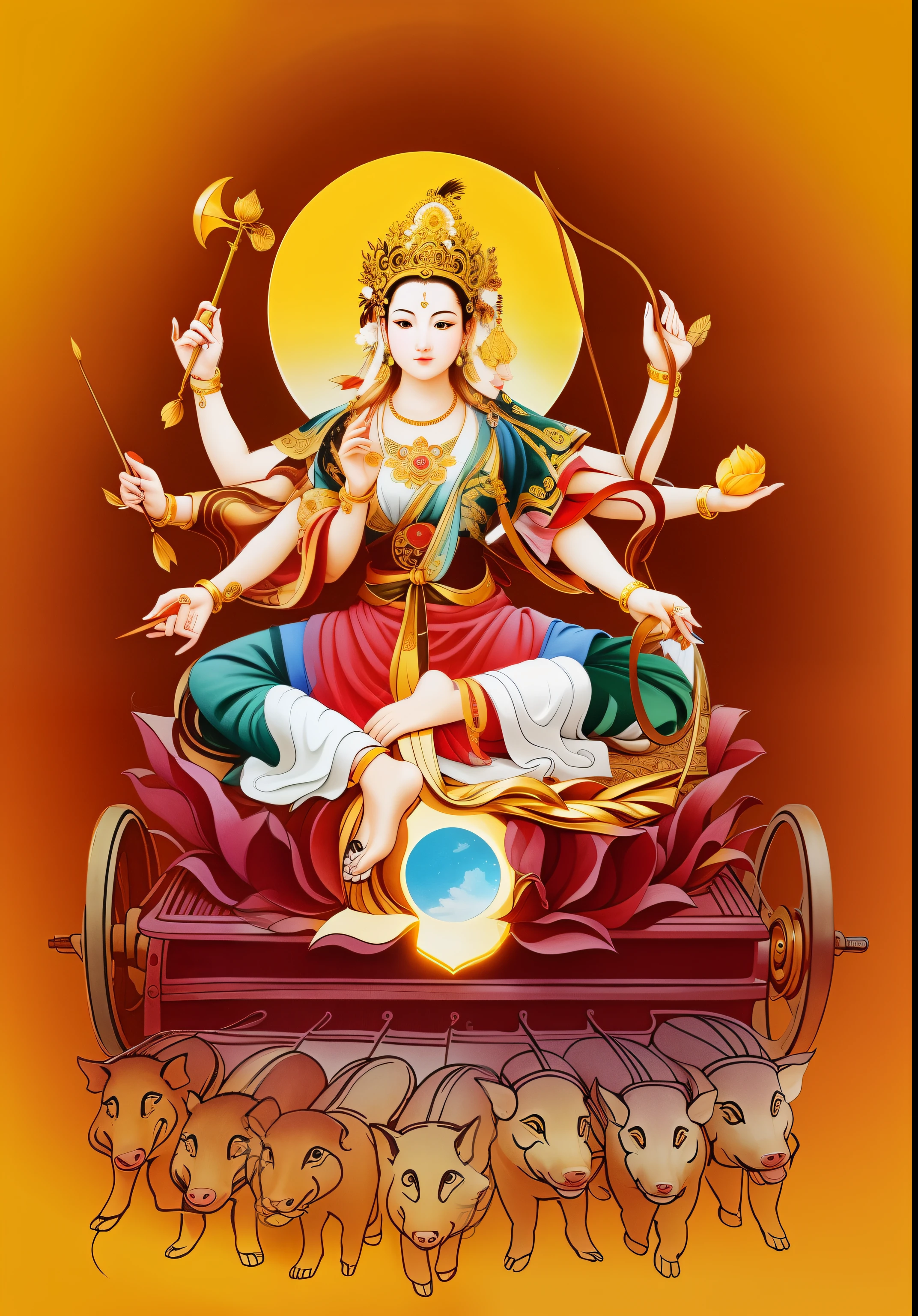 Beautiful woman sitting on a lotus in the car, Three-headed，all, The arm has eight mudras，Barefoot with both feet，There are seven little pigs pulling the cart in front，goddess of love and peace, indian goddess of wealth, Bodhisattva of Heaven and Earth, Full color illustration, goddess art, goddess of wisdom, ancient chinese goddess，逼true，Professional photography，true，ultra high resolution，masterpiece，