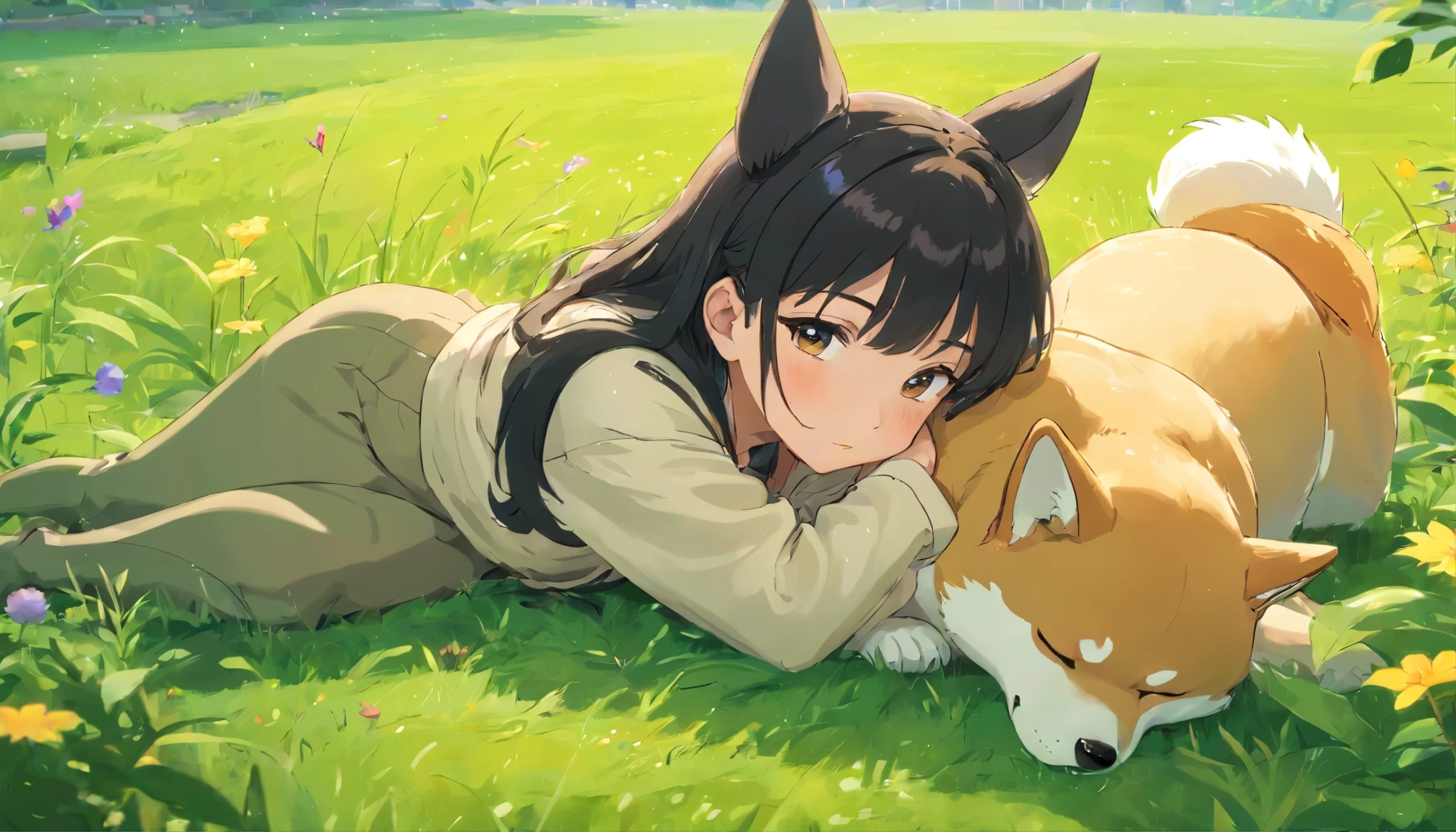 Anime girl in a green meadow,is lying down、A fat Shiba Inu is sleeping next to a girl、wide black hair, 4k anime wallpaper,, anime boy profile, Manga wallpapers 4k, anime wallpaper 4k, 4k anime wallpaper, Gwaites style artwork, 8k, anime art wallpaper 4k, anime art wallpaper 4k, rainy evening, anime art wallpaper 8k, platform, City view, detail makeup, Detailed background for complex occupancy situations, wonderful, Milky W, highly detailed skin, realistic details of skin, Pores are noticeable, clear focus, volume fog, 8k UHD, Digital single-lens reflex camera, super high quality, film grain, with white skin, photorealism, nffsw, translucent、Camera angle that shows the whole body、I close my eyes and listen to music with yellow headphones.、