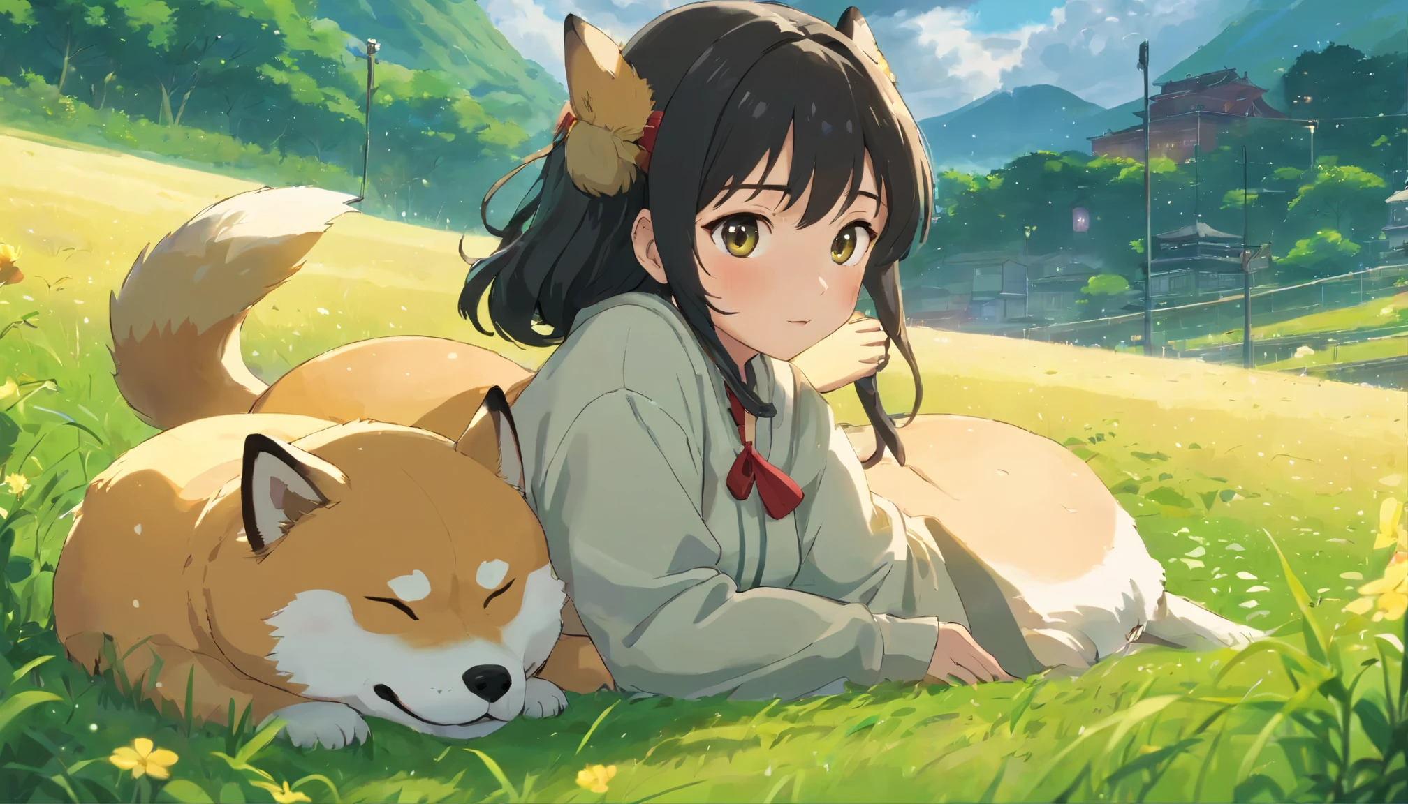 Anime girl in a green meadow,is lying down、A fat Shiba Inu is sleeping next to a girl、wide black hair, 4k anime wallpaper,, anime boy profile, Manga wallpapers 4k, anime wallpaper 4k, 4k anime wallpaper, Gwaites style artwork, 8k, anime art wallpaper 4k, anime art wallpaper 4k, rainy evening, anime art wallpaper 8k, platform, City view, detail makeup, Detailed background for complex occupancy situations, wonderful, Milky W, highly detailed skin, realistic details of skin, Pores are noticeable, clear focus, volume fog, 8k UHD, Digital single-lens reflex camera, super high quality, film grain, with white skin, photorealism, nffsw, translucent、Camera angle that shows the whole body、I close my eyes and listen to music with yellow headphones.、