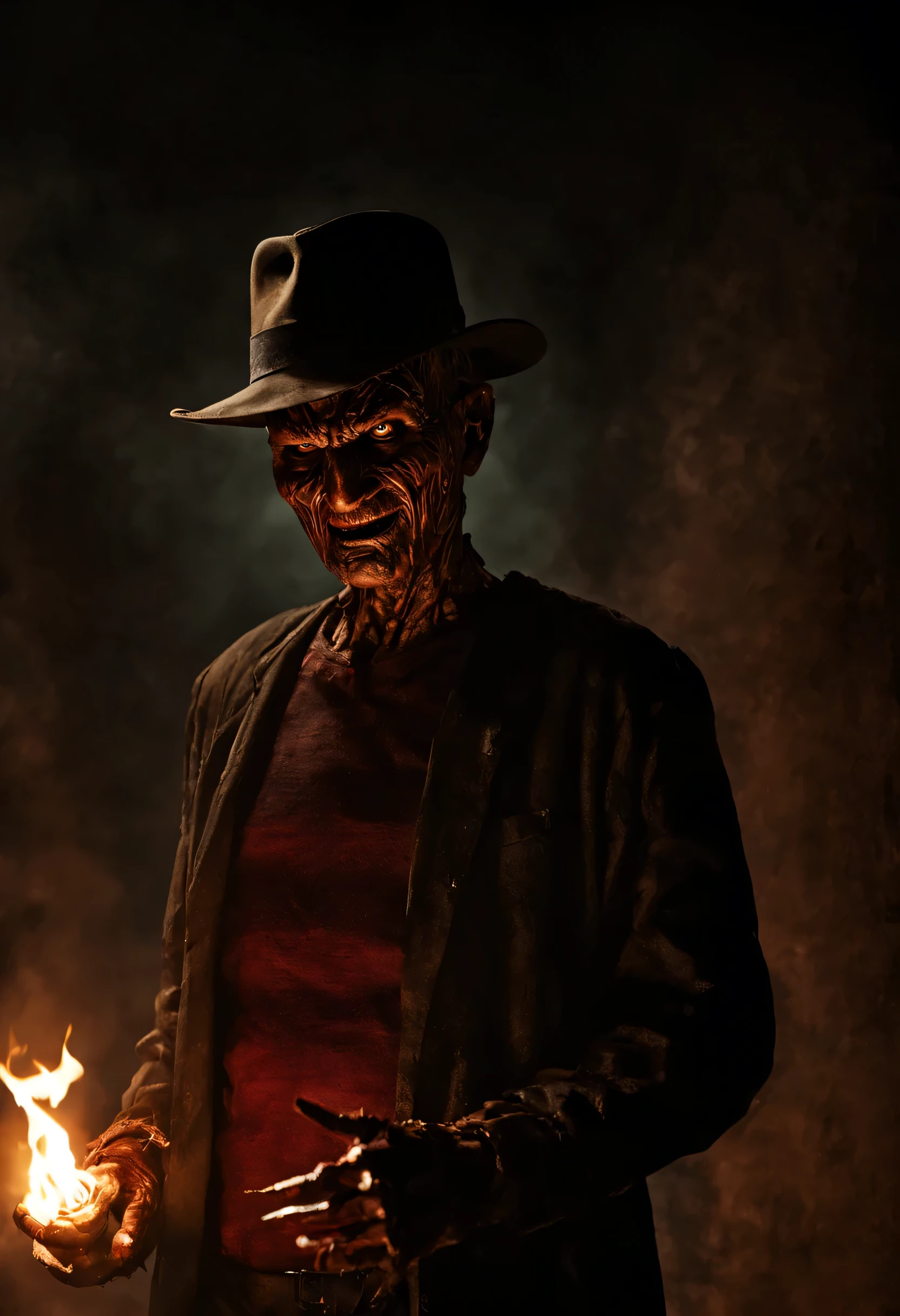 Describe a Freddy Krueger con su atuendo original., hiding from people with torches, Pensando en el futuro, spooky alley. (Calidad premium, 8K, 32k, Obra maestra, nffsw:1.3), (Ultra High Definition), (fotorrealista:1.4), raw photography, ojos perfectos, figura perfecta, action pose:1.2, Super detailed and realistic lights.. Su sombrero de ala ancha proyecta una sombra siniestra sobre su rostro quemado y desfigurado., mientras las afiladas hojas de sus dedos brillan con una luz siniestra. The air is thick with tension and palpable fear....., mientras Freddy mira hacia adelante con una sonrisa malvada, Ready to stalk his next victim in the dark....