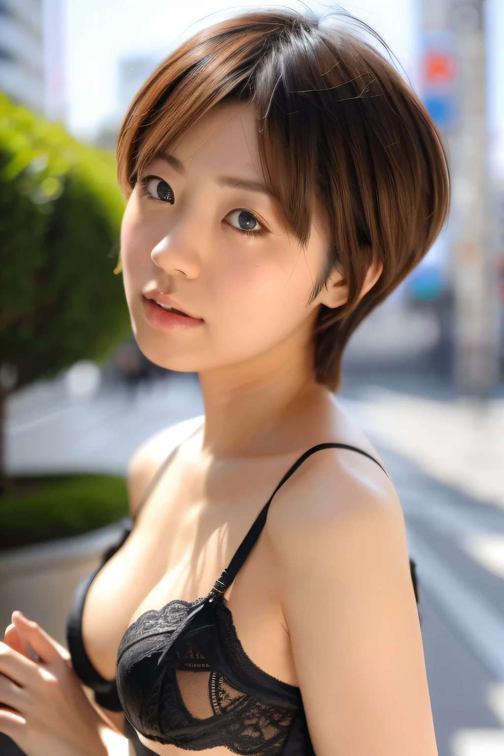 NSFW:1.3:((highest quality、8K resolution、master masterpiece、portrait:1.3)), Photoreal, 35mm film, mature woman:1.5,on the street during the day, wrinkles around the eyes,wrinkles around the mouth、pixie cut_boyish、((fancy black lingerie:1.3)) , (outdoors_city street: 1.3), jumbled background,look at the audience,(Tokyo cityscape:1.3), whole body