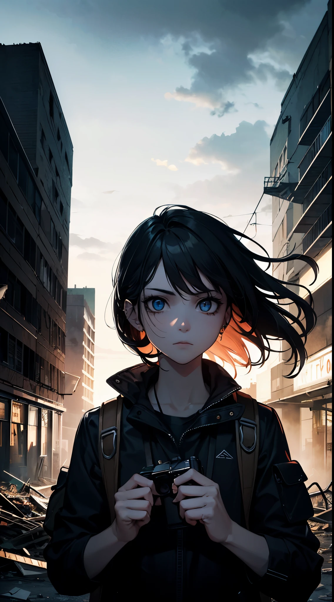 (best quality, highres, masterpiece:1.2), portrait, 1girl, military outfit, wearing backpack, holding flashlight in hands, correct hands, flashlight pose, dramatic lighting, detailed face, apocalyptic destroyed city background, realistic scenery, vibrant colors, intense shadows, rusty debris, crumbling buildings, smoky atmosphere, haunting ambiance, urban decay, post-apocalyptic setting, determined expression, piercing eyes, windblown hair, epic composition, dynamic angle, detailed textures, atmospheric perspective, ruined streets, eerie silence, sense of danger, desolate landscape, cinematic atmosphere